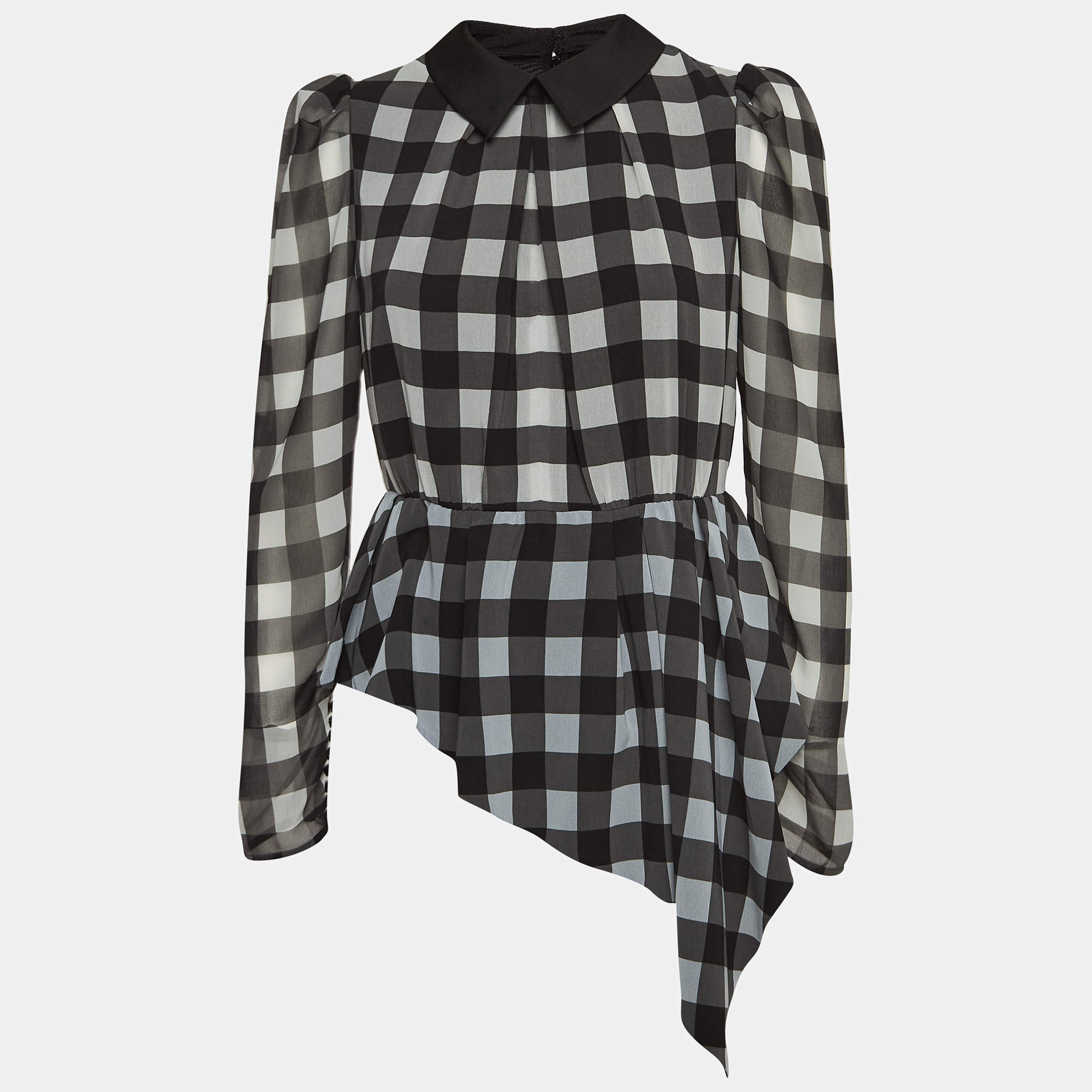Pre Owned Self-Portrait Black Checkered Crepe Peplum Top S