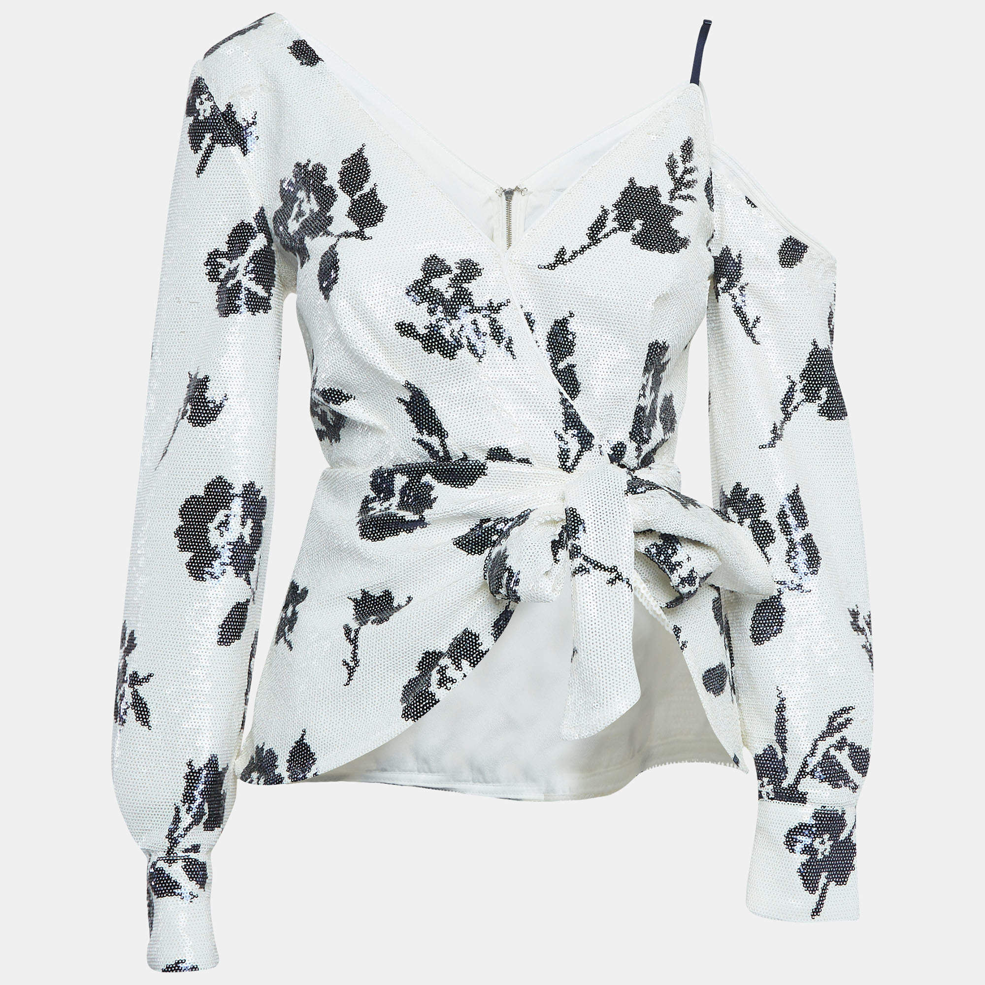Self-Portrait White Floral Sequin Wrap Top S