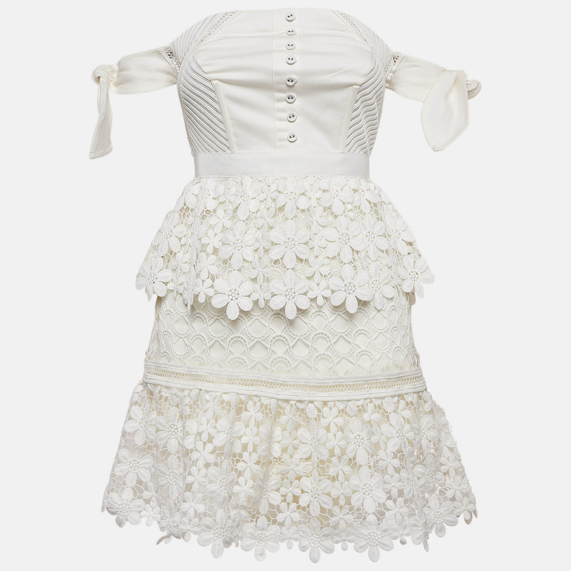 Self Portrait White Lace Tiered Off Shoulder Mini Dress S