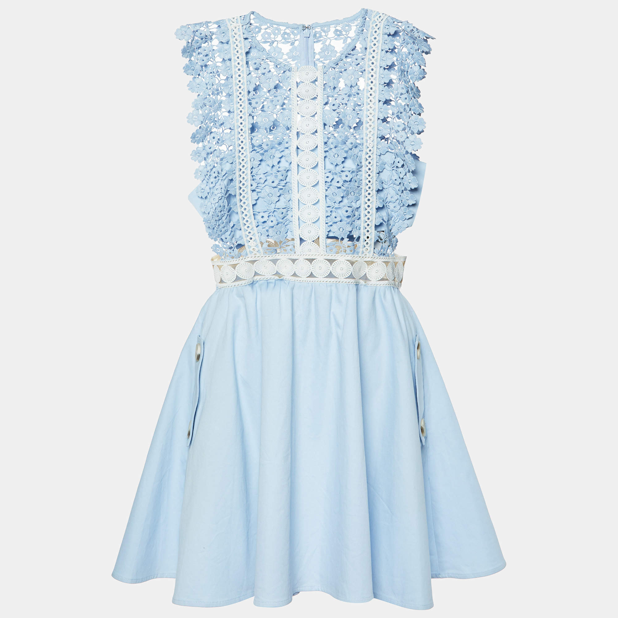 Pre Owned Self-Portrait Blue Guipure Lace Cotton Mini Dress M