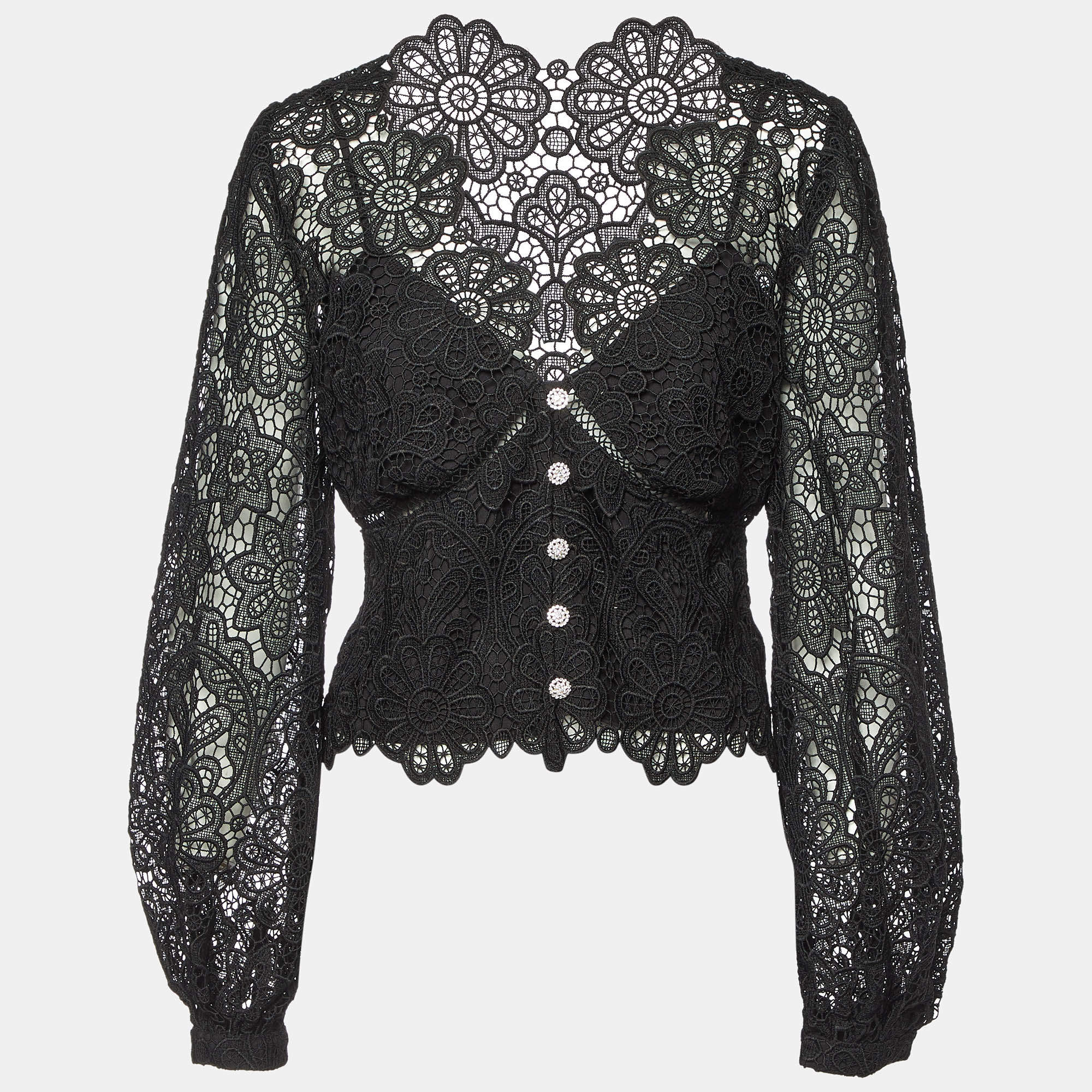 Self Portrait Black Floral Guipure Puff Sleeve Blouse L