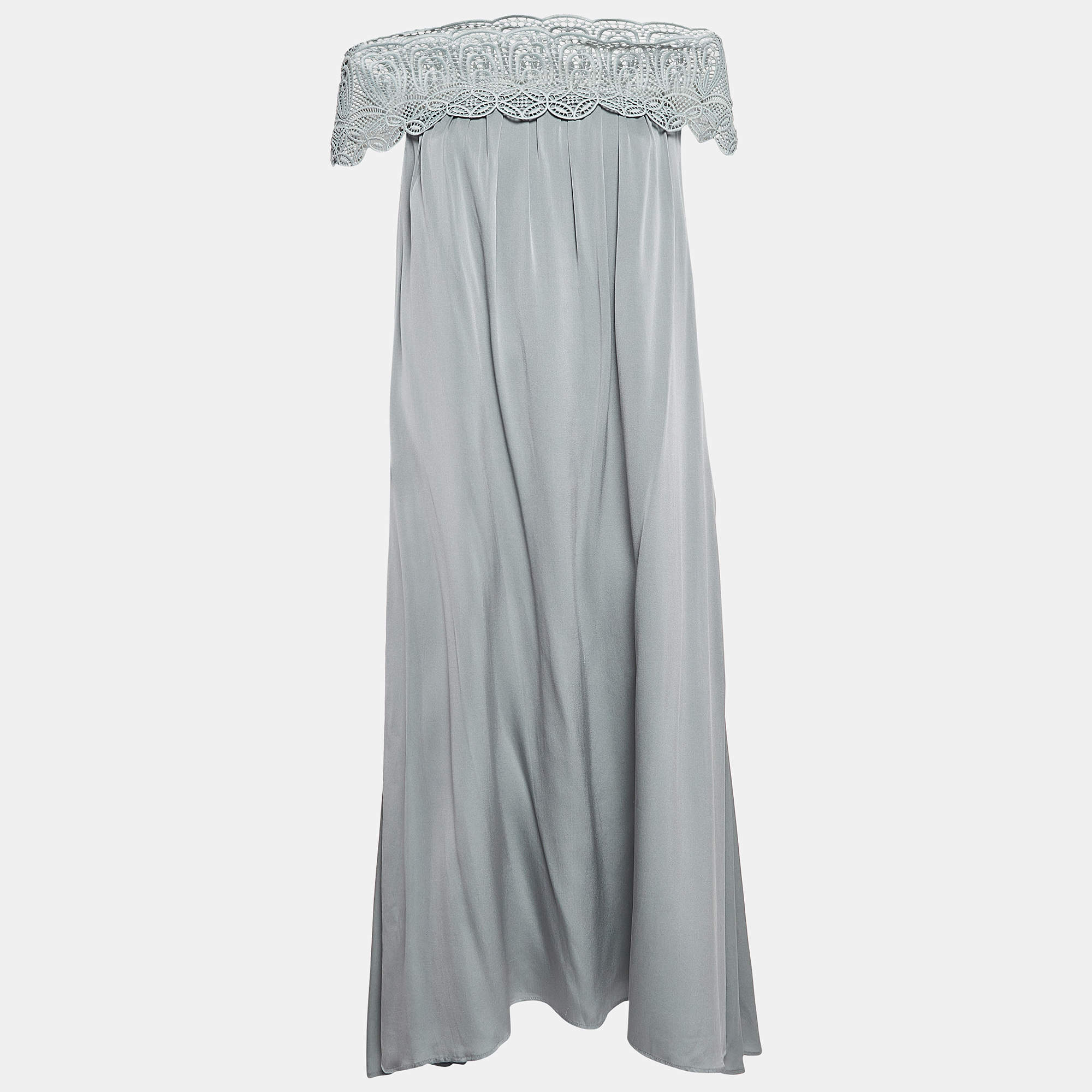 مملوكة مسبقًا Self Portrait Grey Silk & Lace Trim Off Shoulder Bardot Dress M