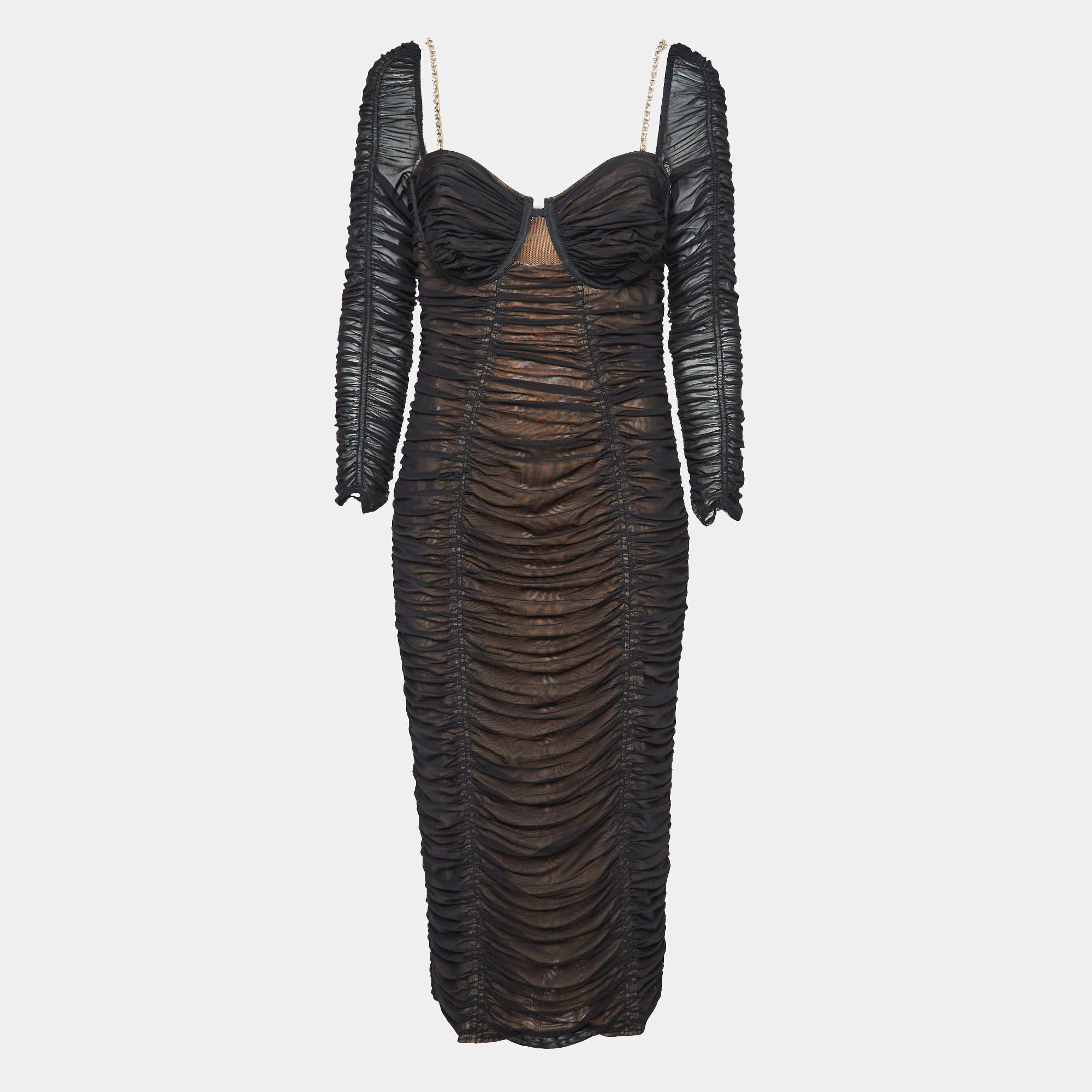 Pre Owned Self-Portrait Black Crystal-Embellished Strap Stretch Mesh Ruche Midi Dress L