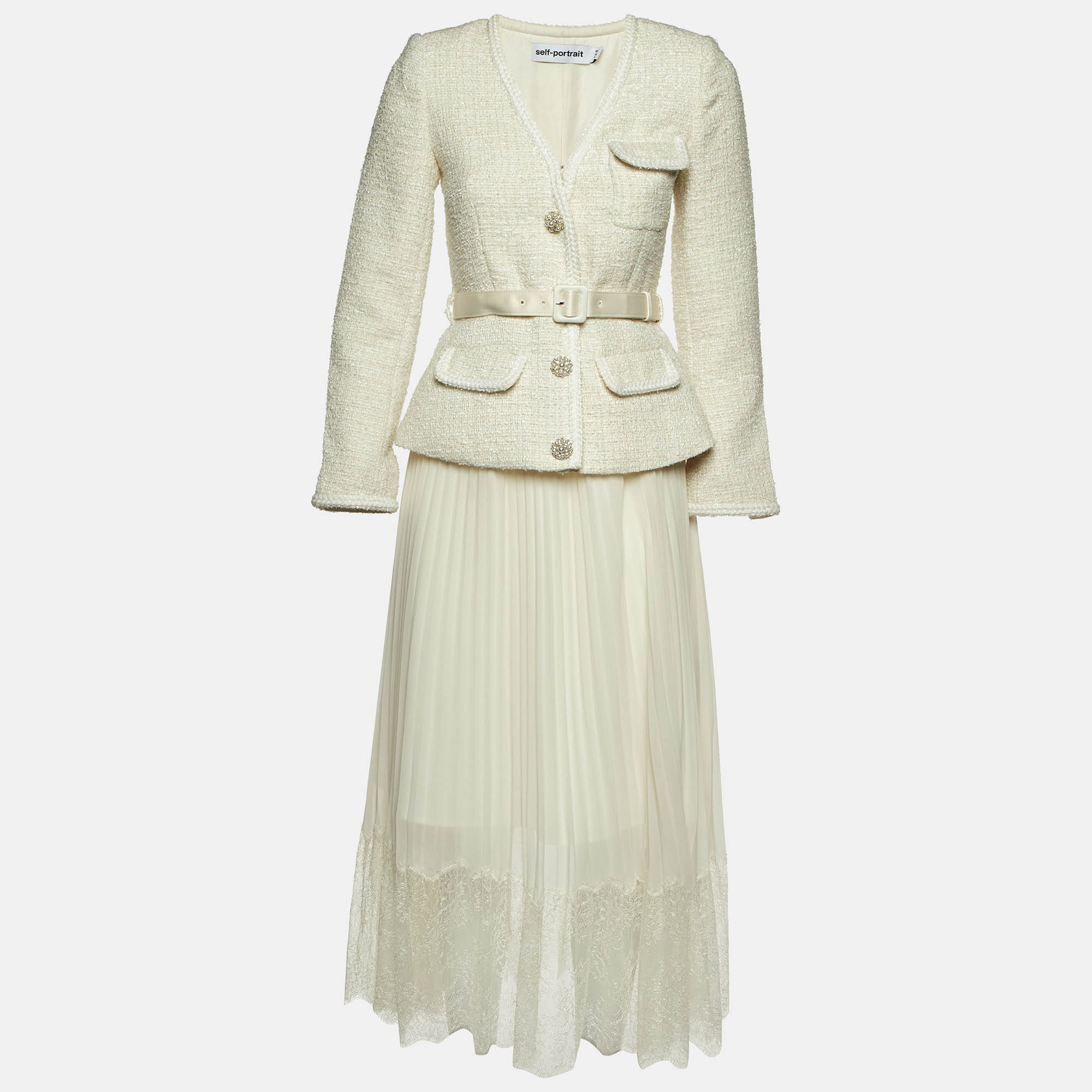 مملوكة مسبقًا Self-Portrait Cream Boucle & Chiffon Tailored Midi Dress S