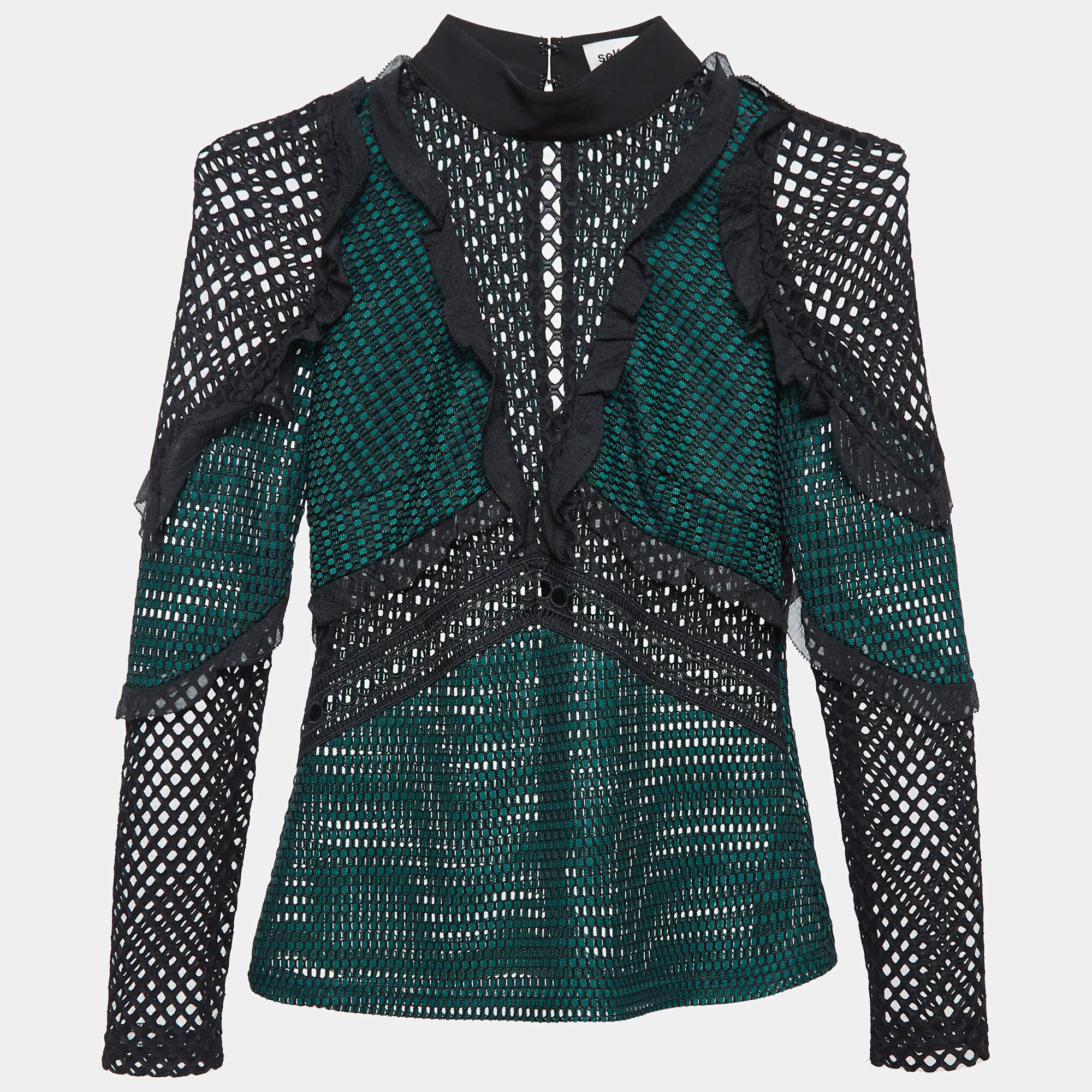 Self-Portrait Green Mesh Ruffle Detail Top S