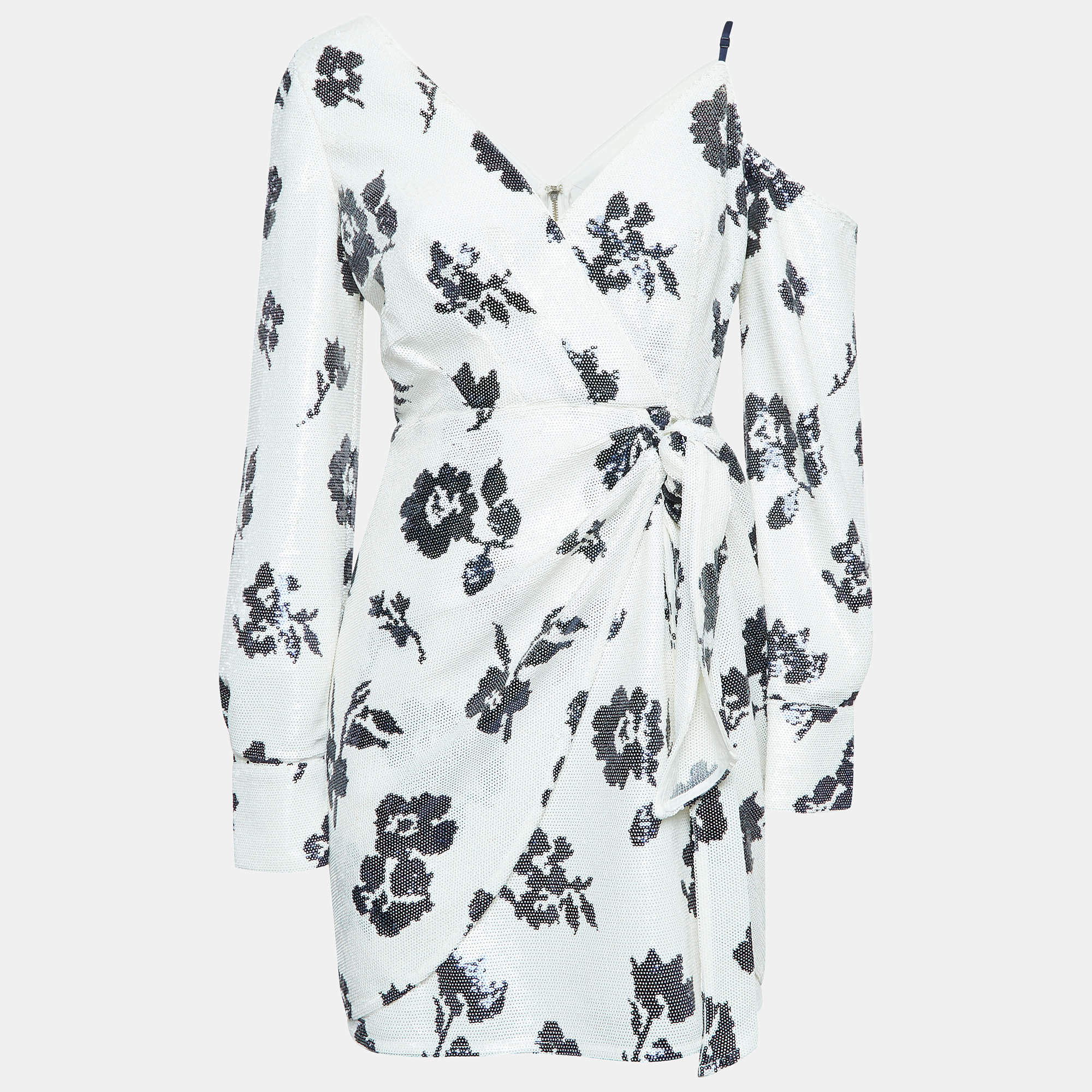 Pre Owned Self-Portrait White Floral Sequin One-Shoulder Mini Dress M