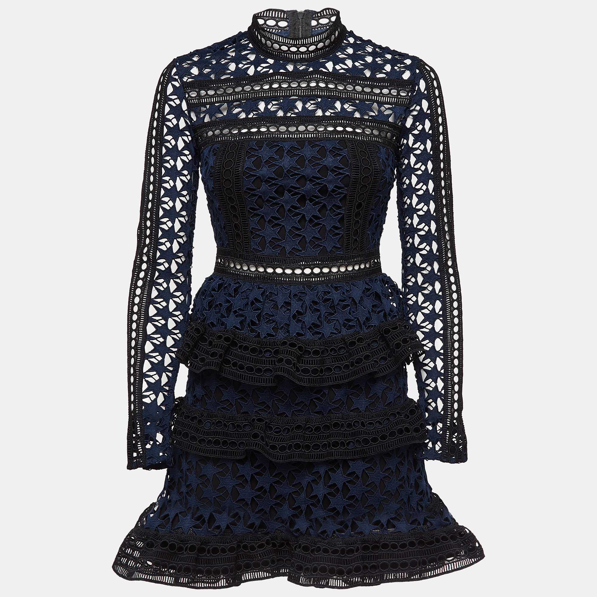Pre Owned Self-Portrait Navy Blue Star Pattern Guipure Lace Ruffled Mini Dress S
