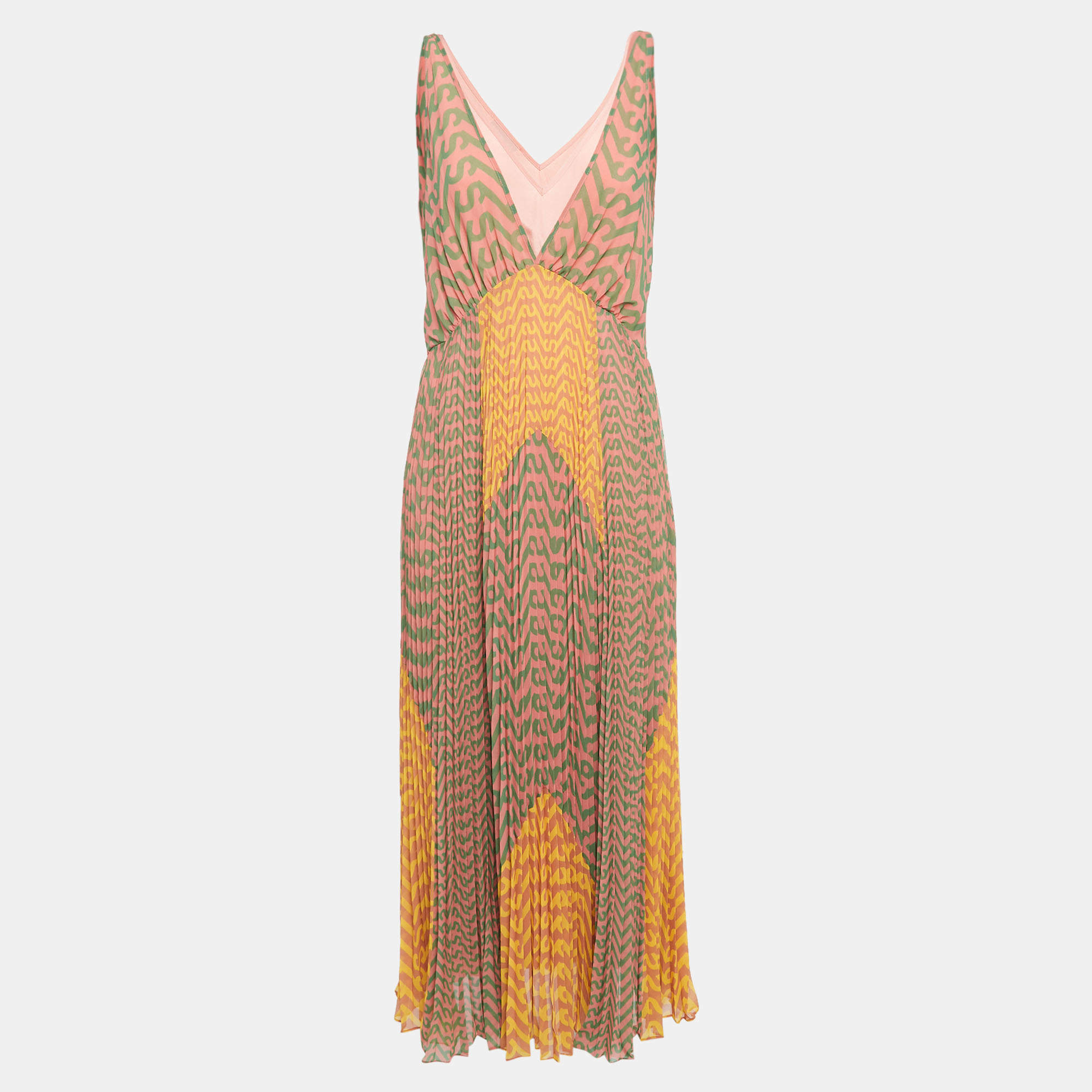 مملوكة مسبقًا Self-Portrait Pink Logo Printed Chiffon Plisse Maxi Dress M