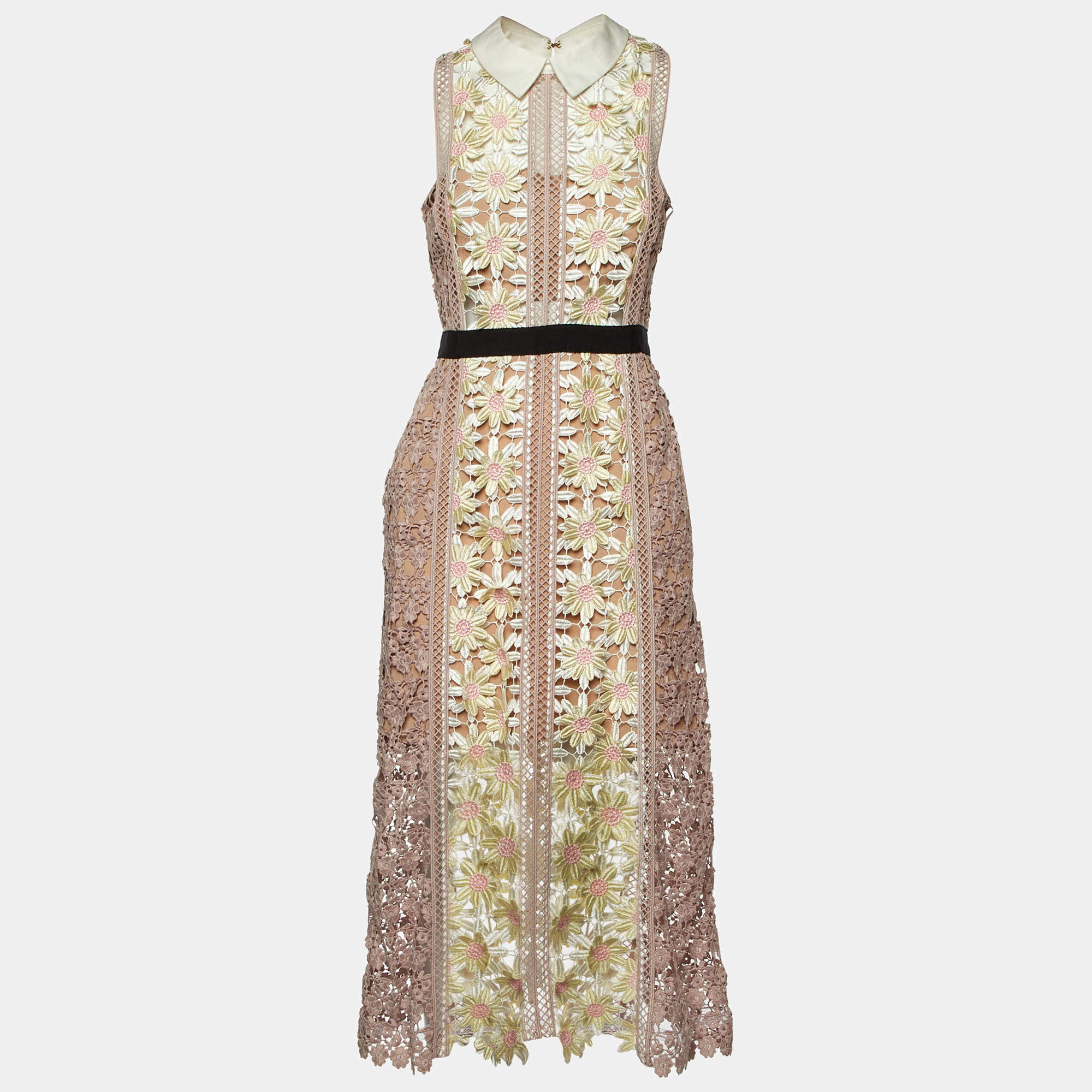 Self-Portrait Pink Floral Guipure Lace Paneled Midi Dress M