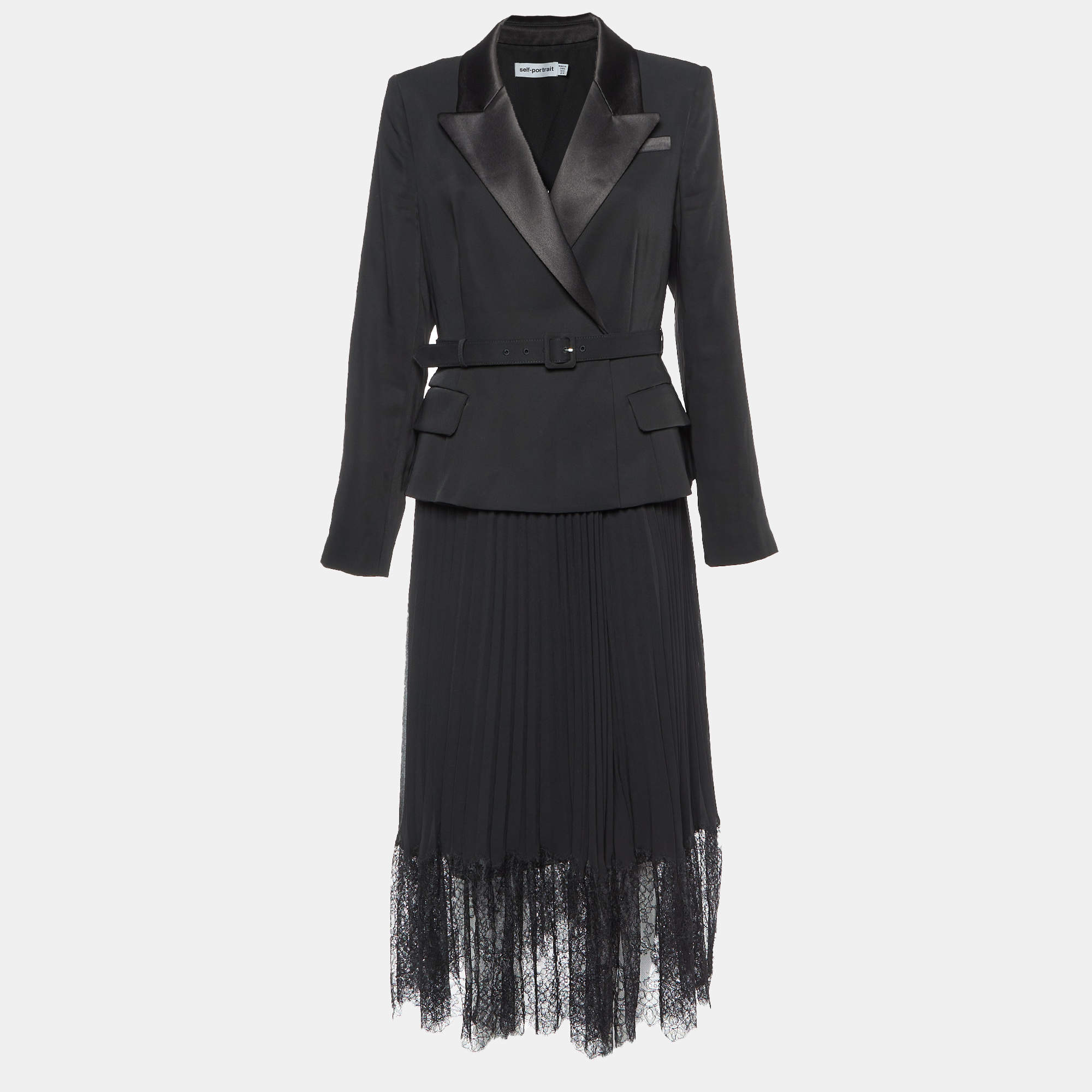 Self-Portrait Black Crepe & Chiffon Tailored Midi Dress L