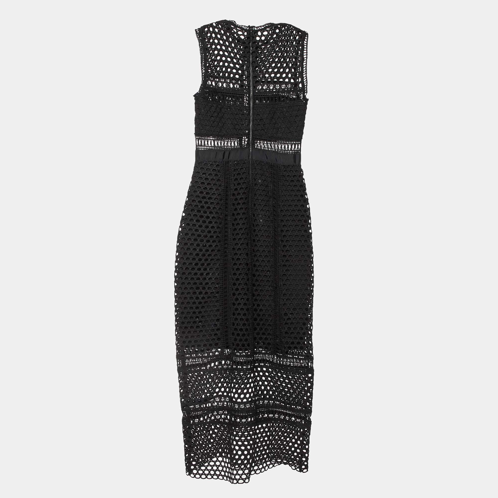 Pre Owned Self-Portrait Black Guipure Lace Paneled Sleeveless Midi Dress S