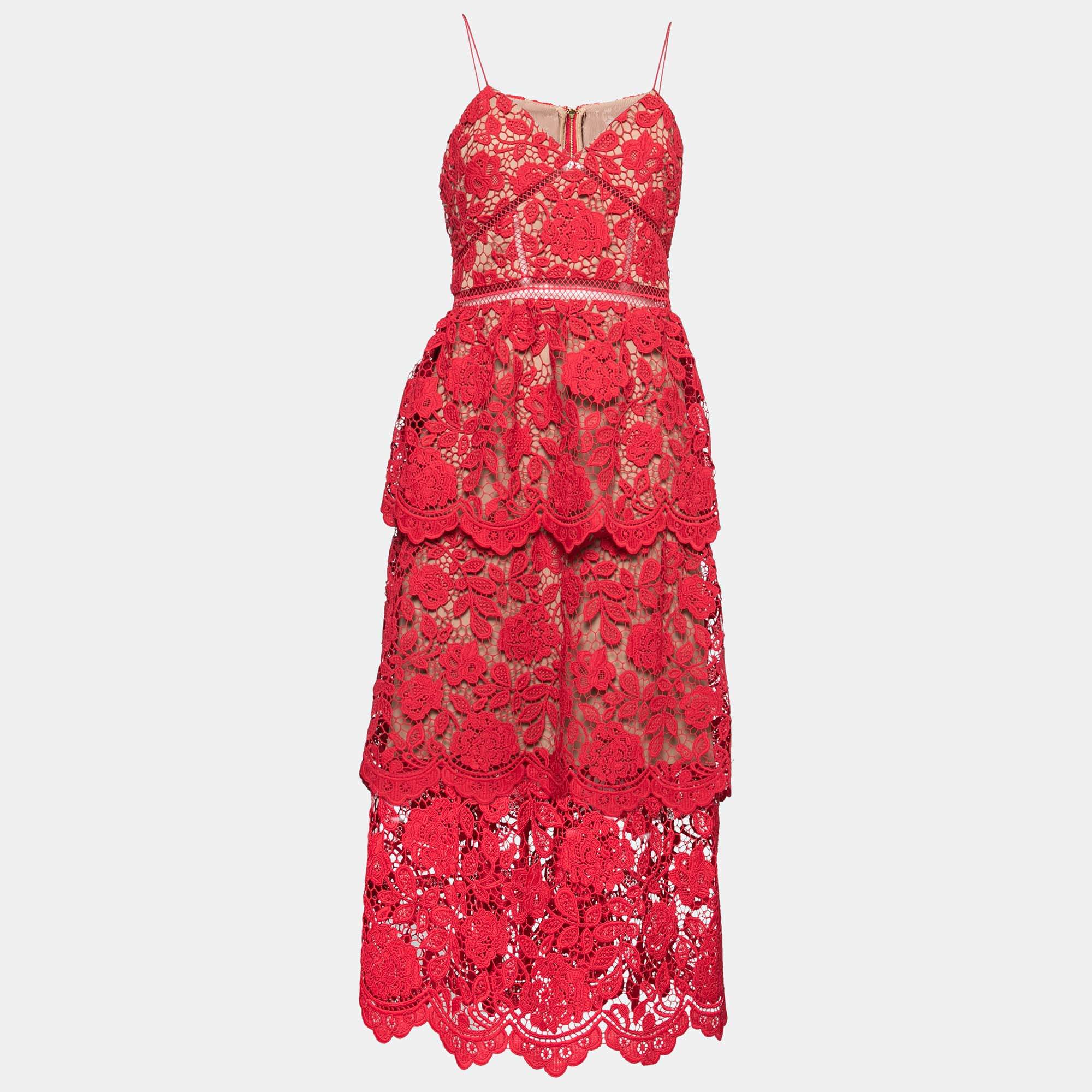 Pre Owned Self-Portrait Red Floral Guipure Lace Tiered Midi Dress M