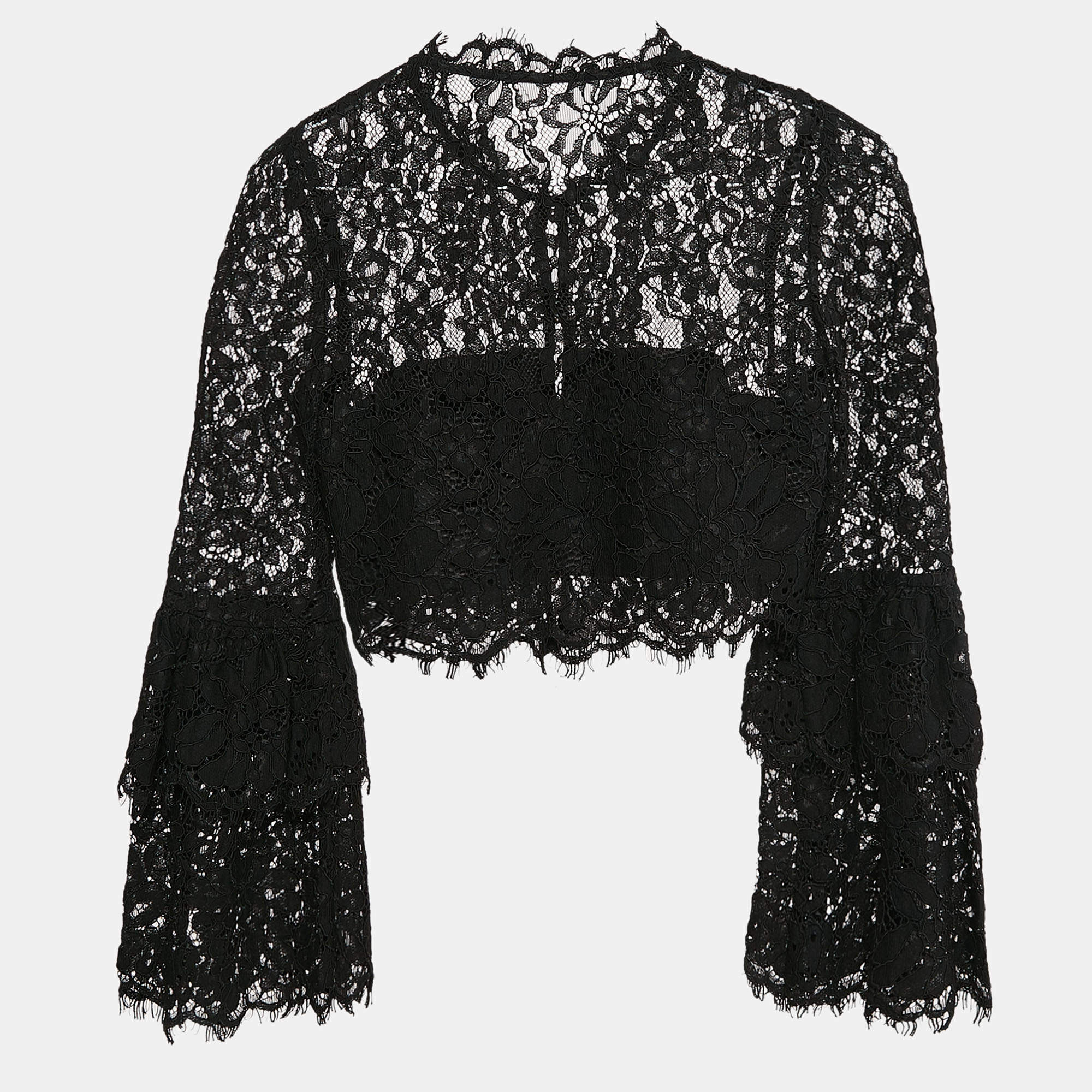 Self-Portrait Black Lace Flared Sleeve Button Front Crop Top S