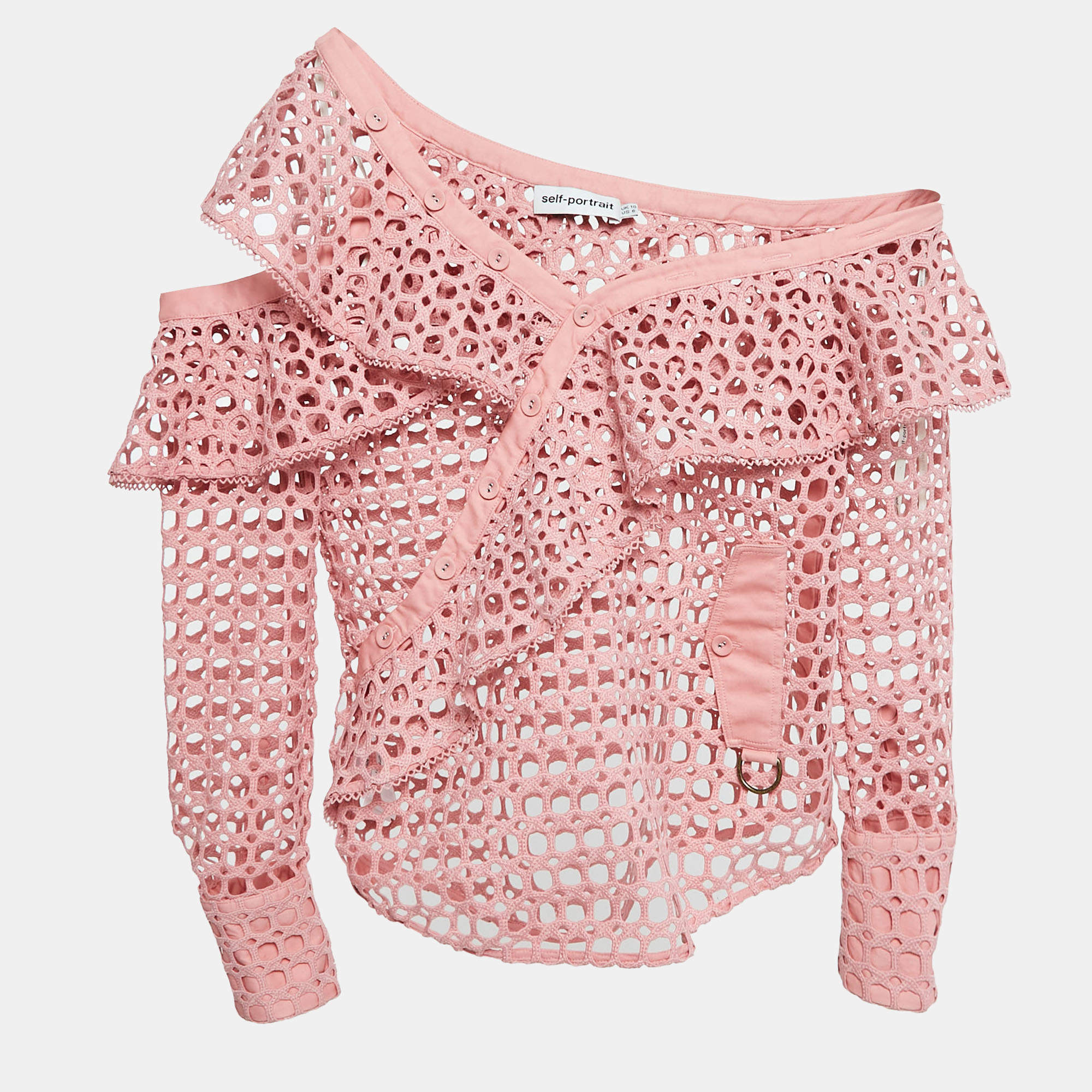 Pre Owned Self-Portrait Pink Guipure Lace One Shoulder Ruffled Top M