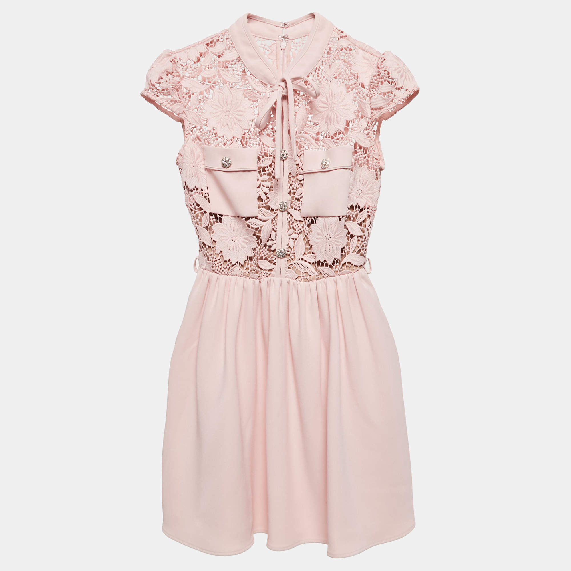 Self-Portrait Pink Floral Guipure Lace and Crepe Mini Dress XS