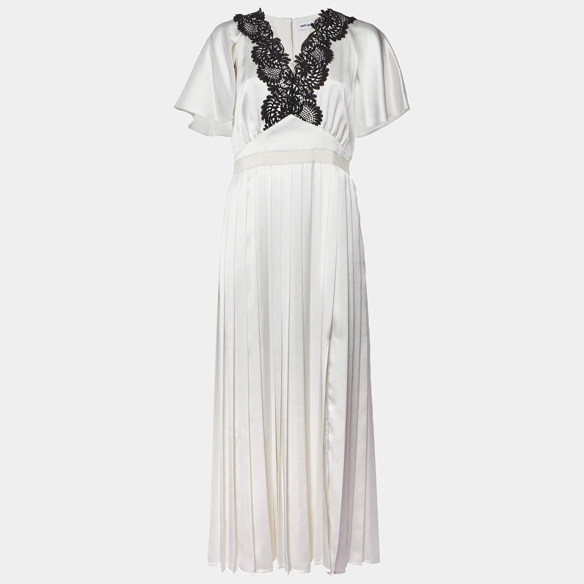 Self-Portrait White Lace Trim Satin Pleated Maxi Dress M