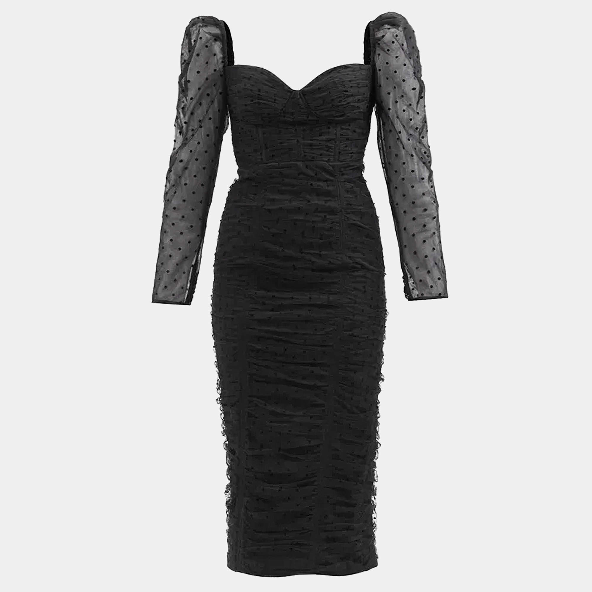 Pre Owned Self-Portrait Black Flocked Tulle Ruche Detail Midi Dress S