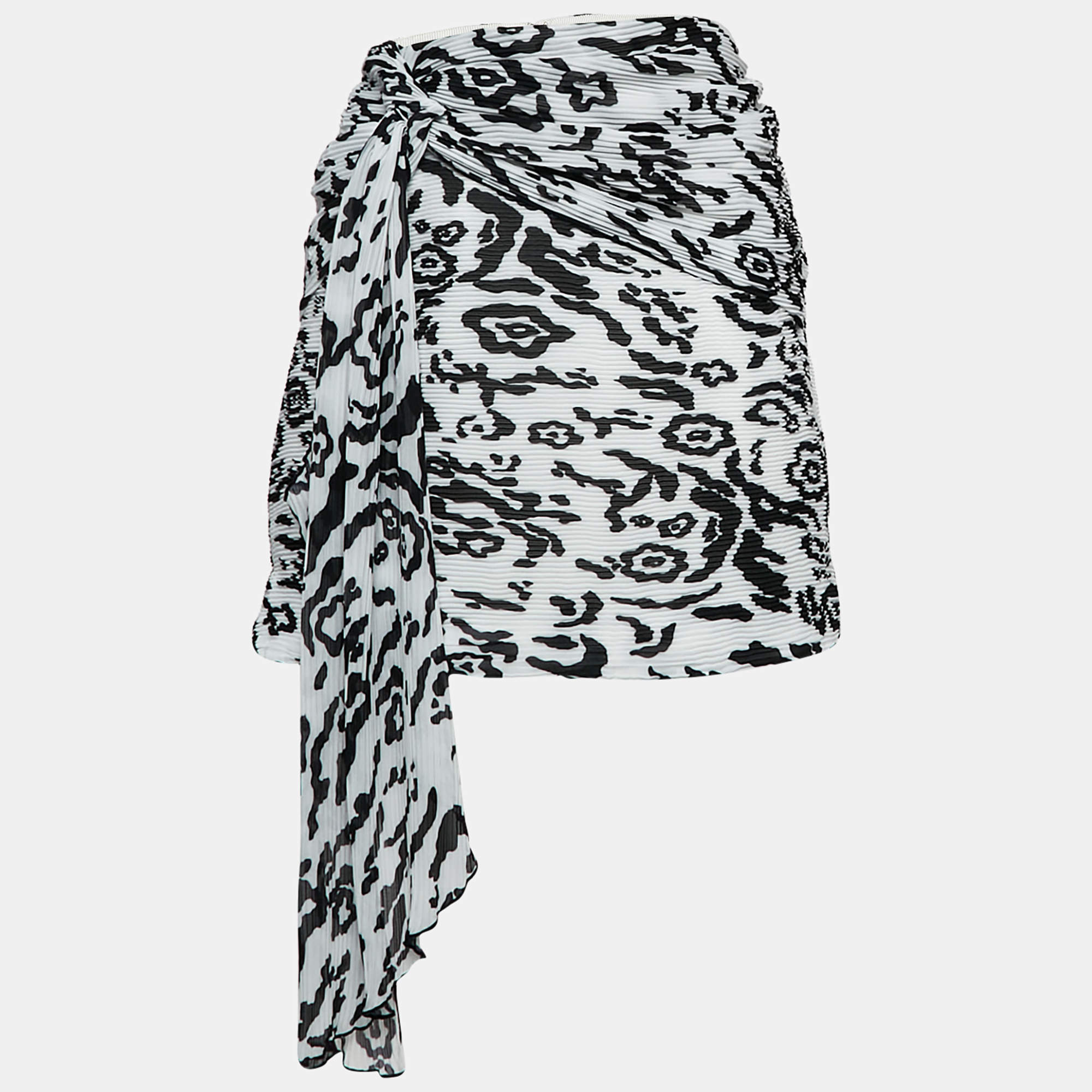 Self-Portrait Black/White Leopard Print Plisse Draped Mini Skirt M