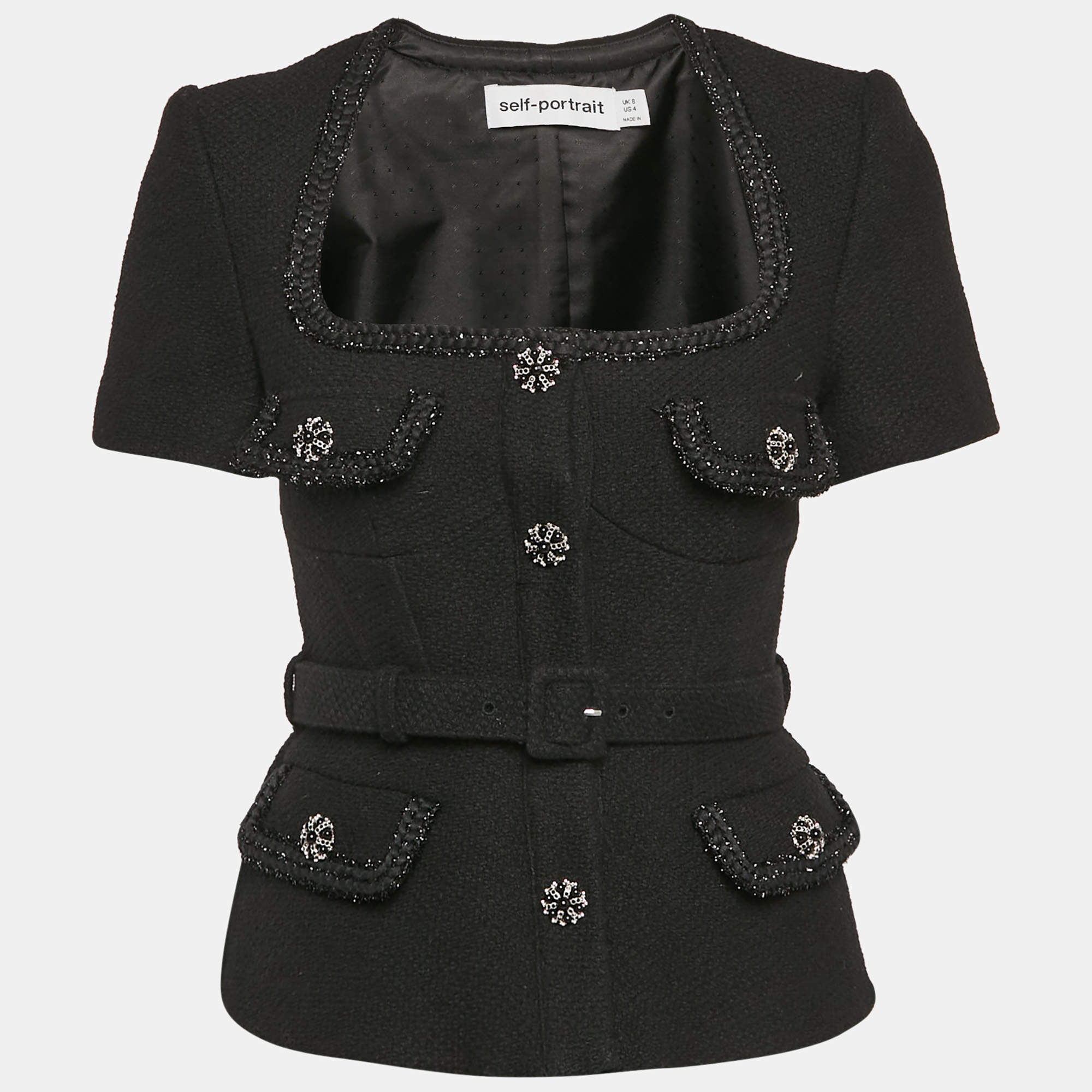 Self-Portrait Black Tweed Tailored Peplum Top S