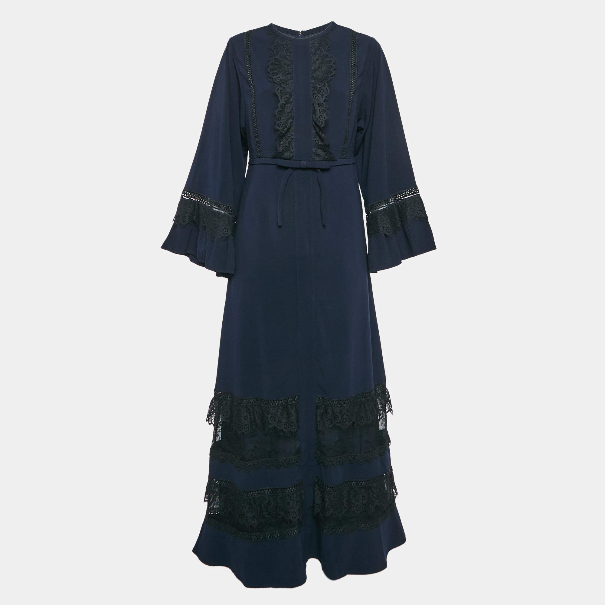 Pre Owned Self-Portrait Navy Blue Crepe Lace Trimmed Maxi Dress M