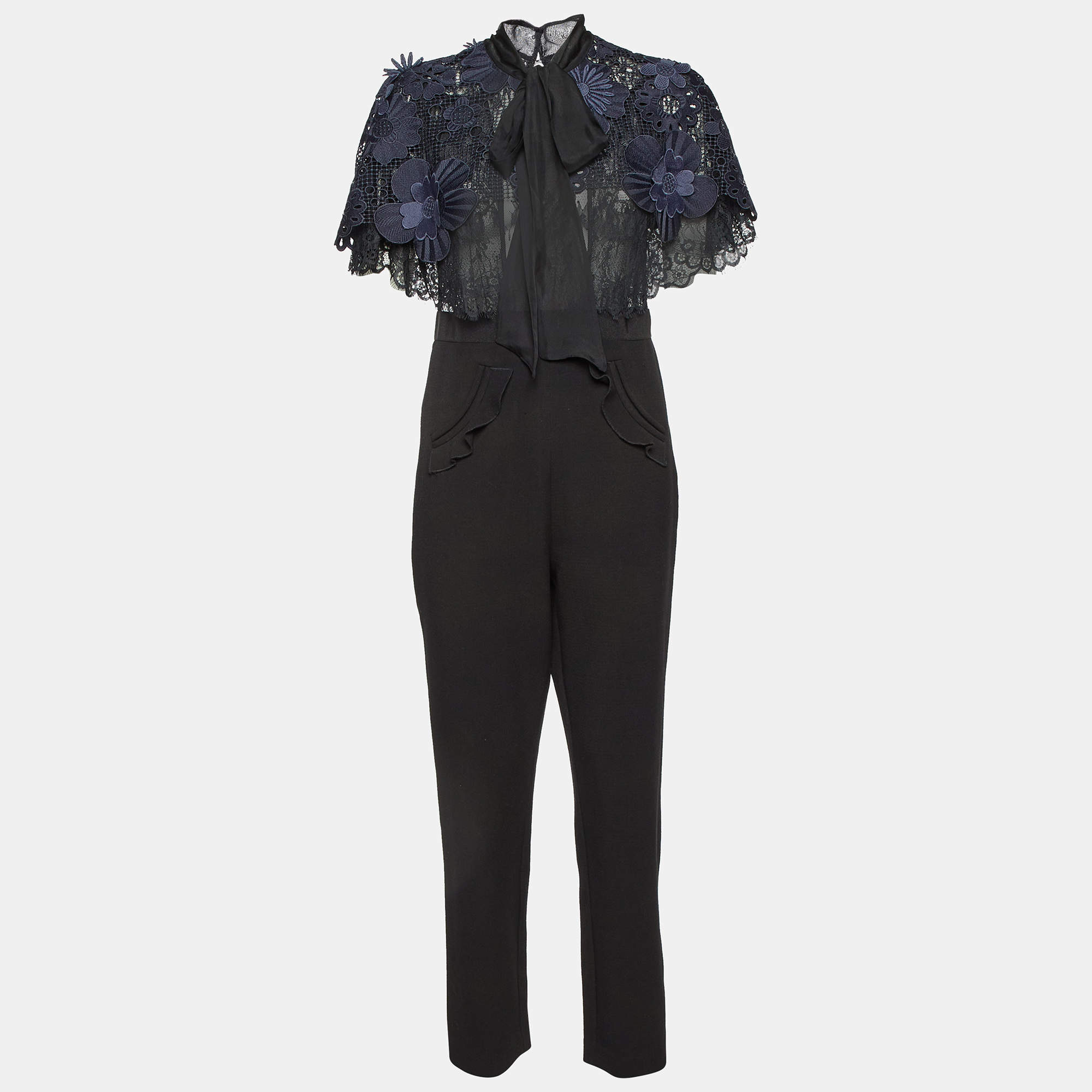 Self-Portrait Black/Blue Cady & Lace Ruffled Tie-Neck Jumpsuit M