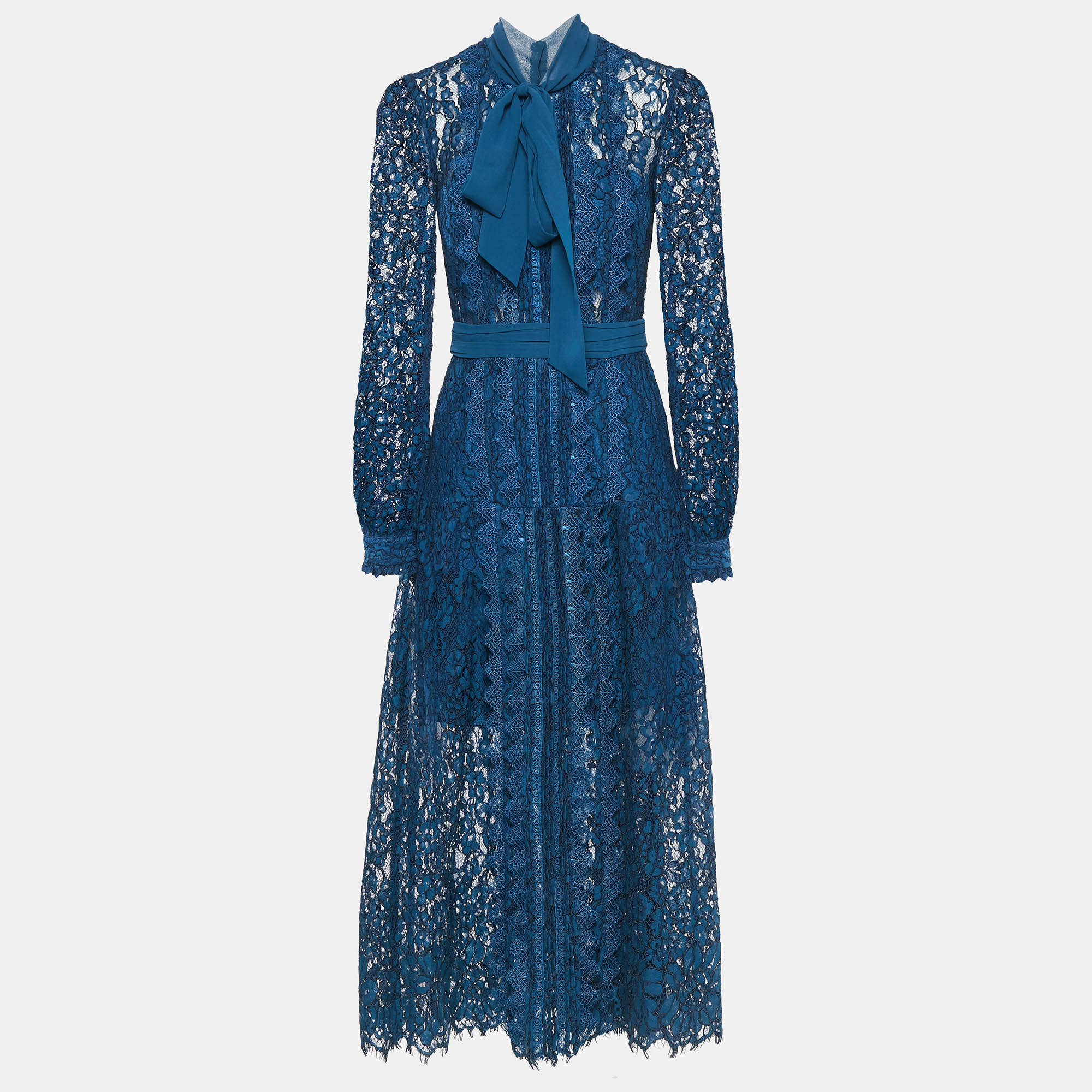 Pre Owned Self-Portrait Blue Petrol Lace Pussy Bow Midi Dress S