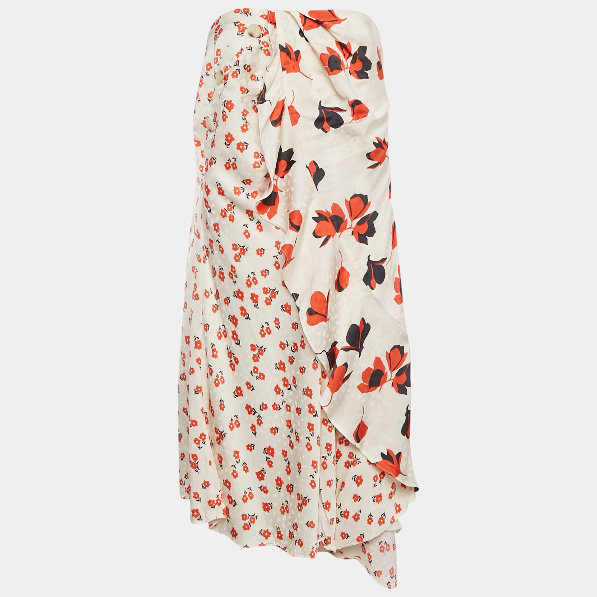 Self-Portrait Cream Floral Print Satin Asymmetric Midi Skirt M