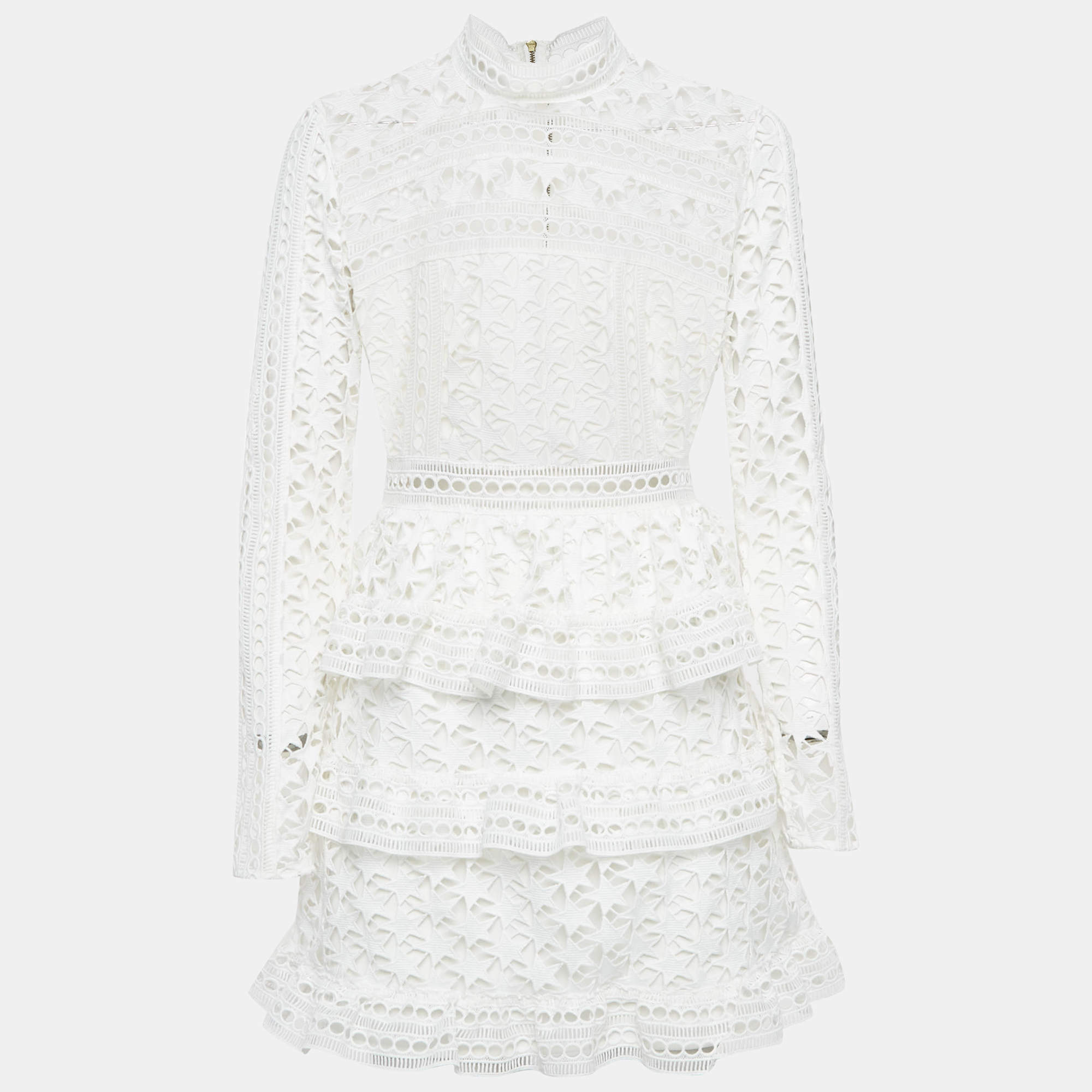 Pre Owned Self-Portrait White Star Pattern Lace Tiered Mini Dress M