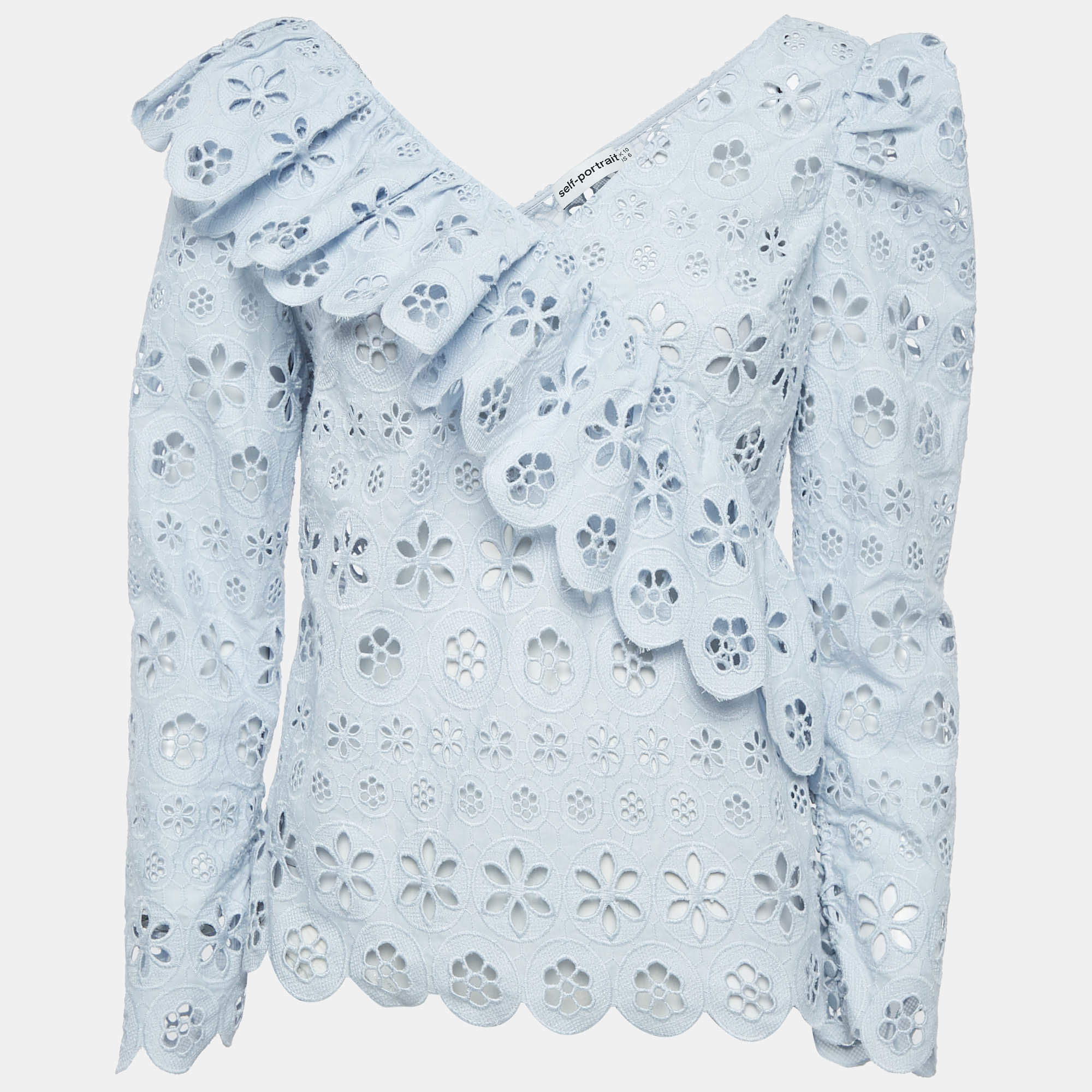 Self-Portrait Blue Schiffli Lace Ruffled Broderie Anglaise Top M