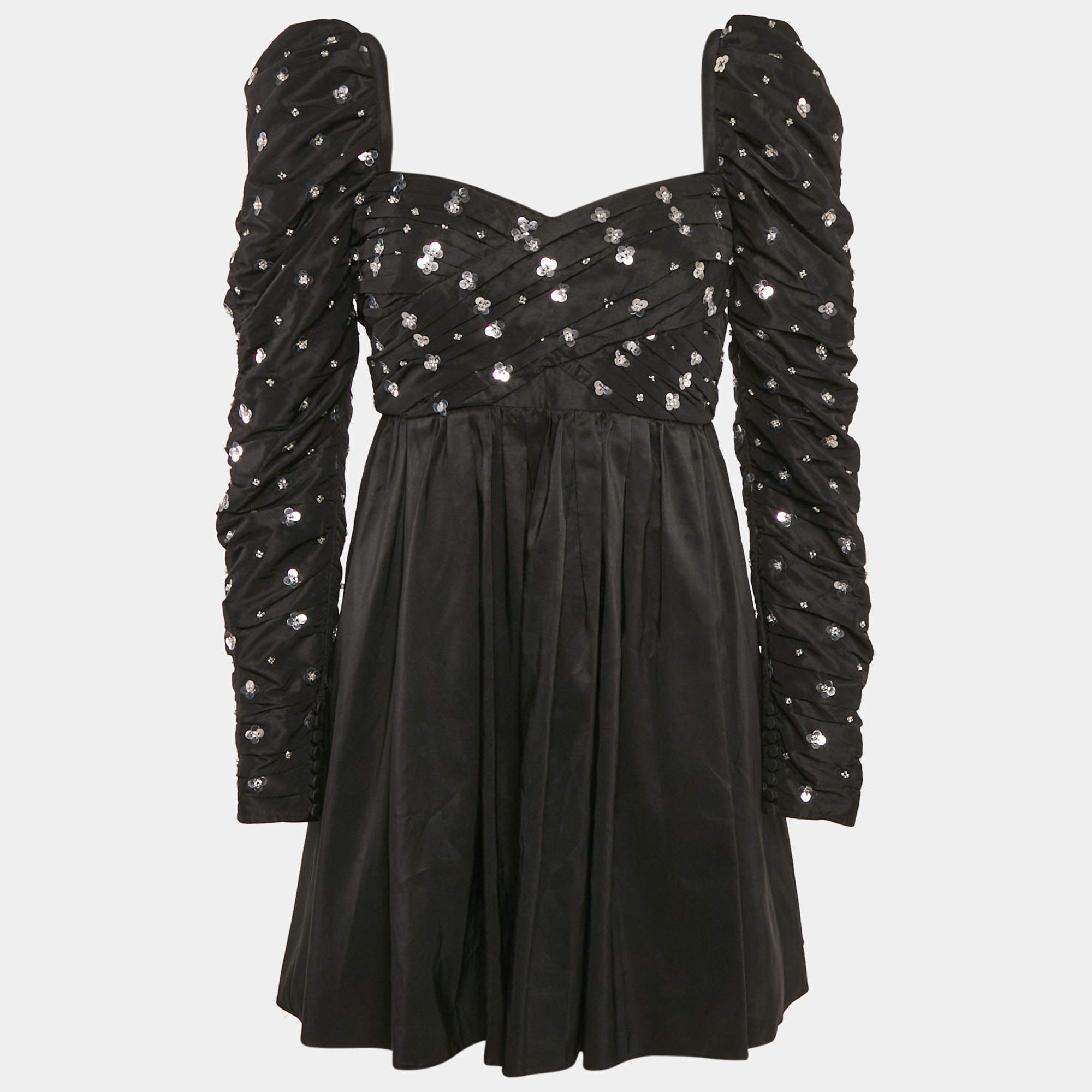 Self-Portrait Black Cluster Sequin Taffeta Pleated Mini Dress S