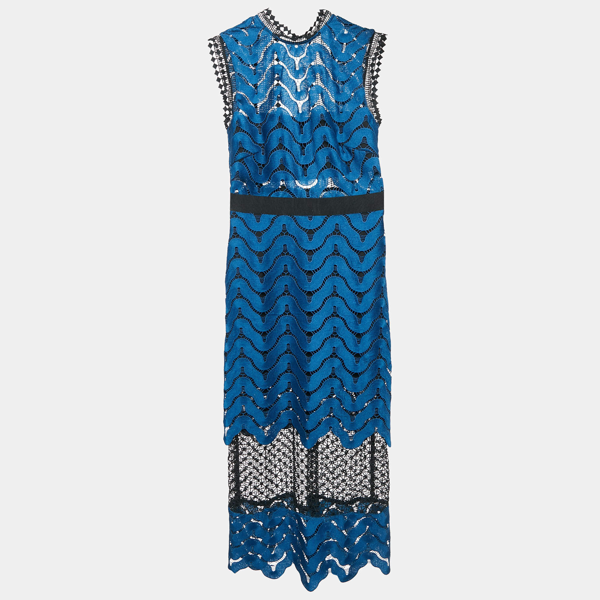 Pre Owned Self-Portrait Blue/Black Guipure Lace Paneled Midi Dress S