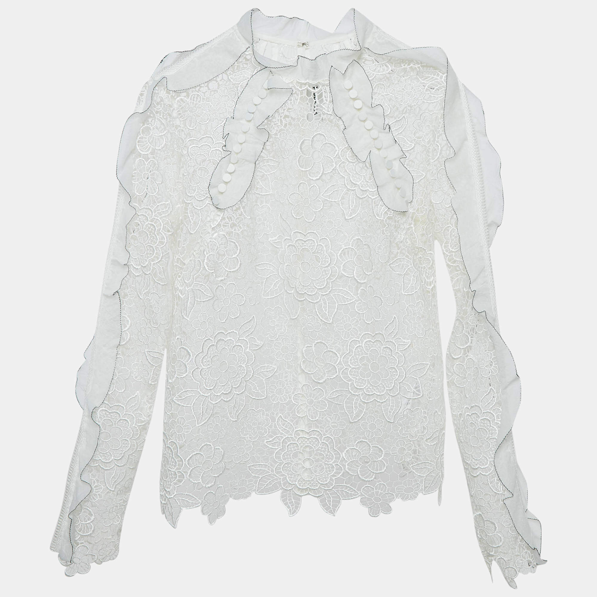 Self-Portrait White Floral Guipure Lace Ruffled Full Sleeve Top M
