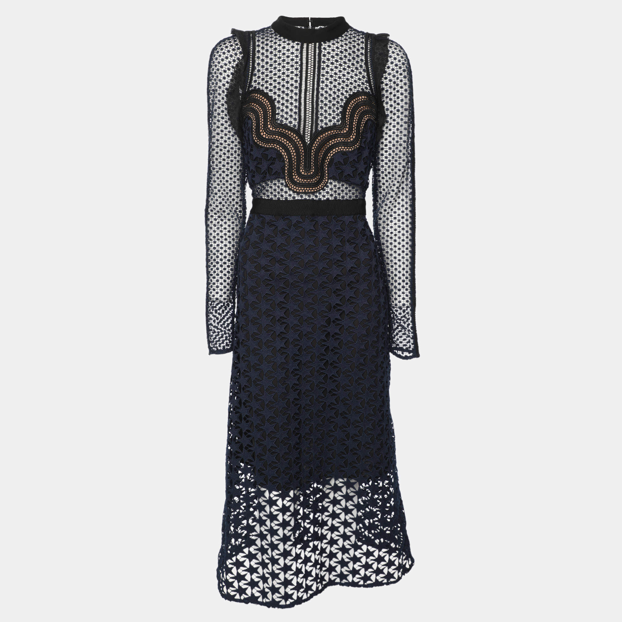 Pre Owned Self-Portrait Navy Blue/Black Lace Midi Dress M