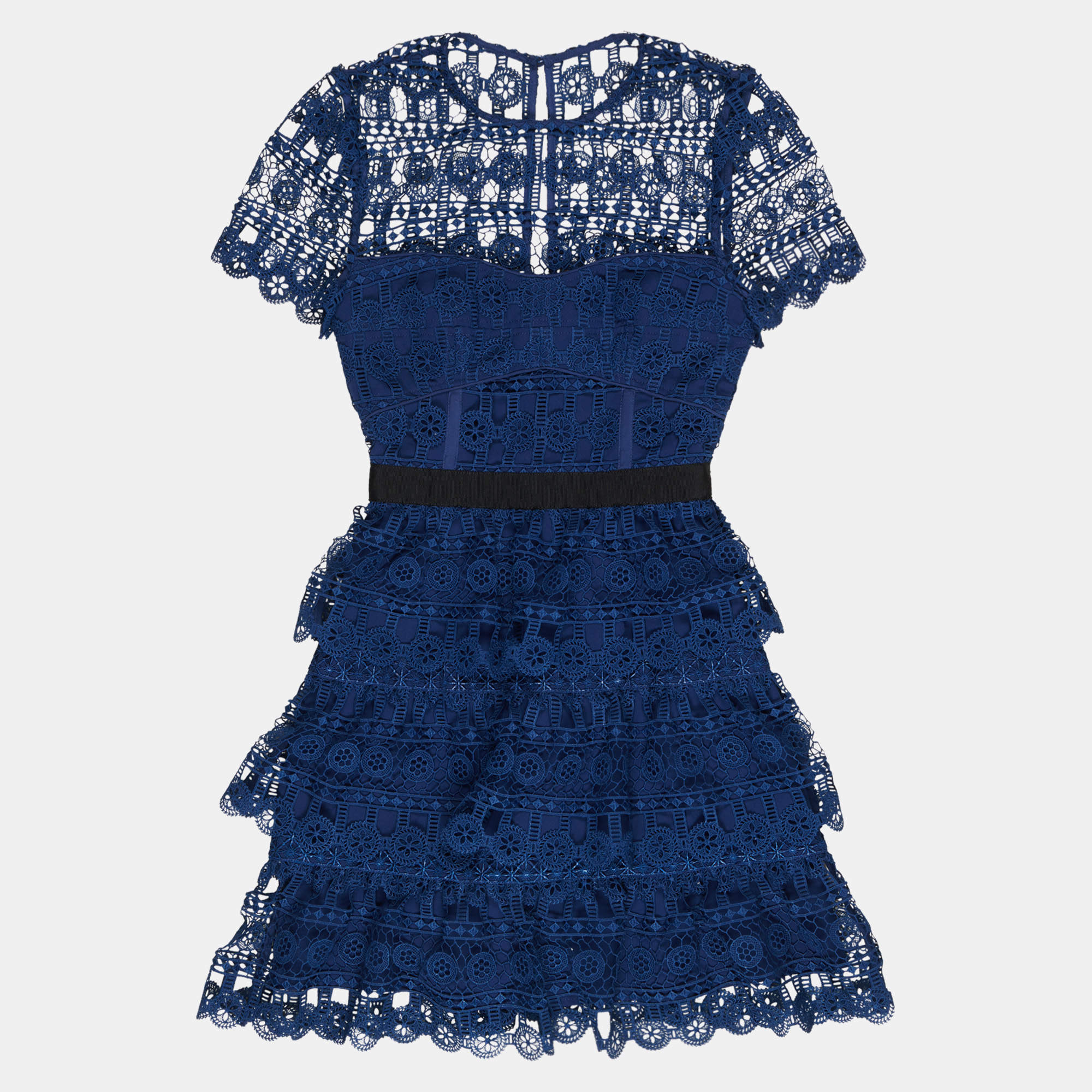 Pre Owned Self-Portrait Navy Blue Guipure Lace Tiered Mini Dress M