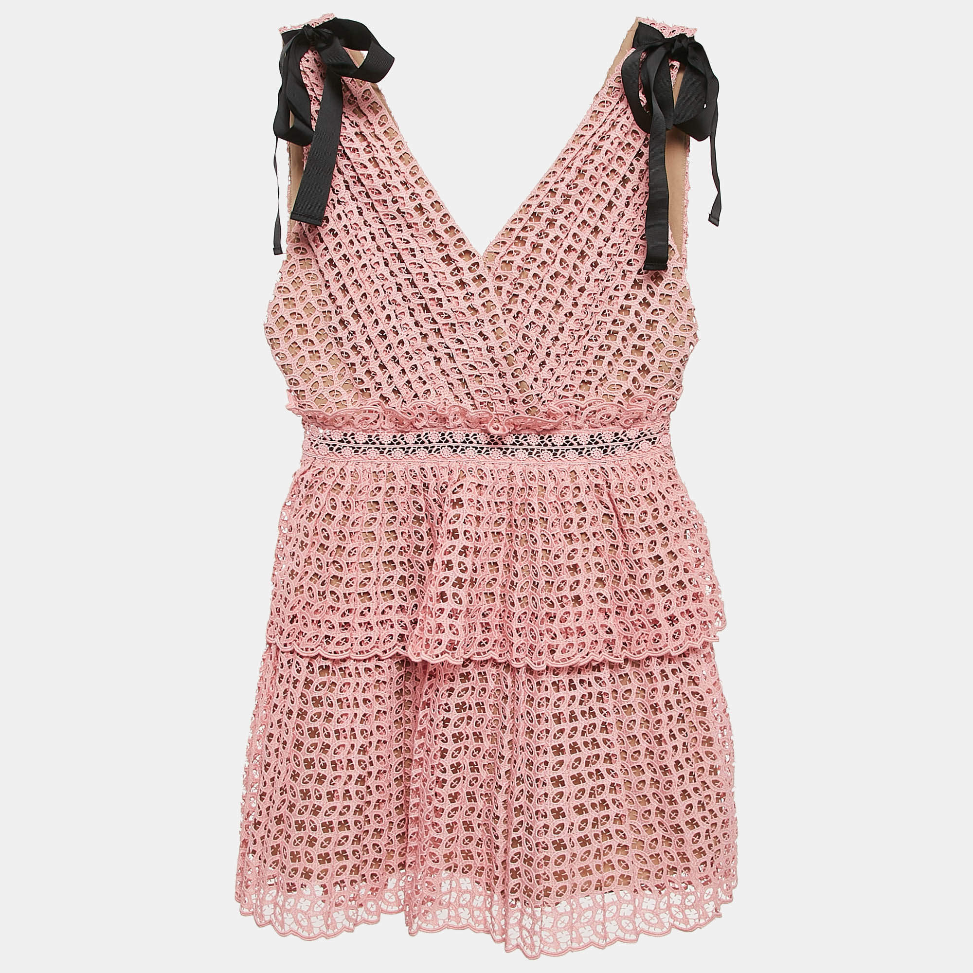 Self-Portrait Pink Guipure Lace Pleated Sleeveless Mini Dress S