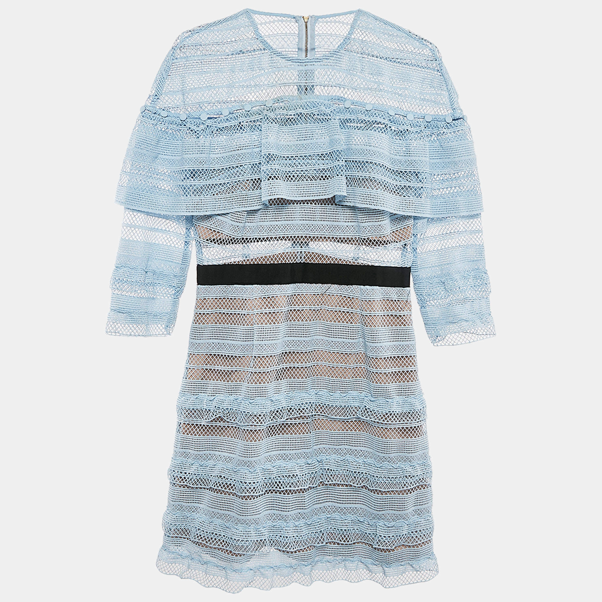 Pre Owned Self-Portrait Blue Guipure Lace Ruffled Mini Dress M