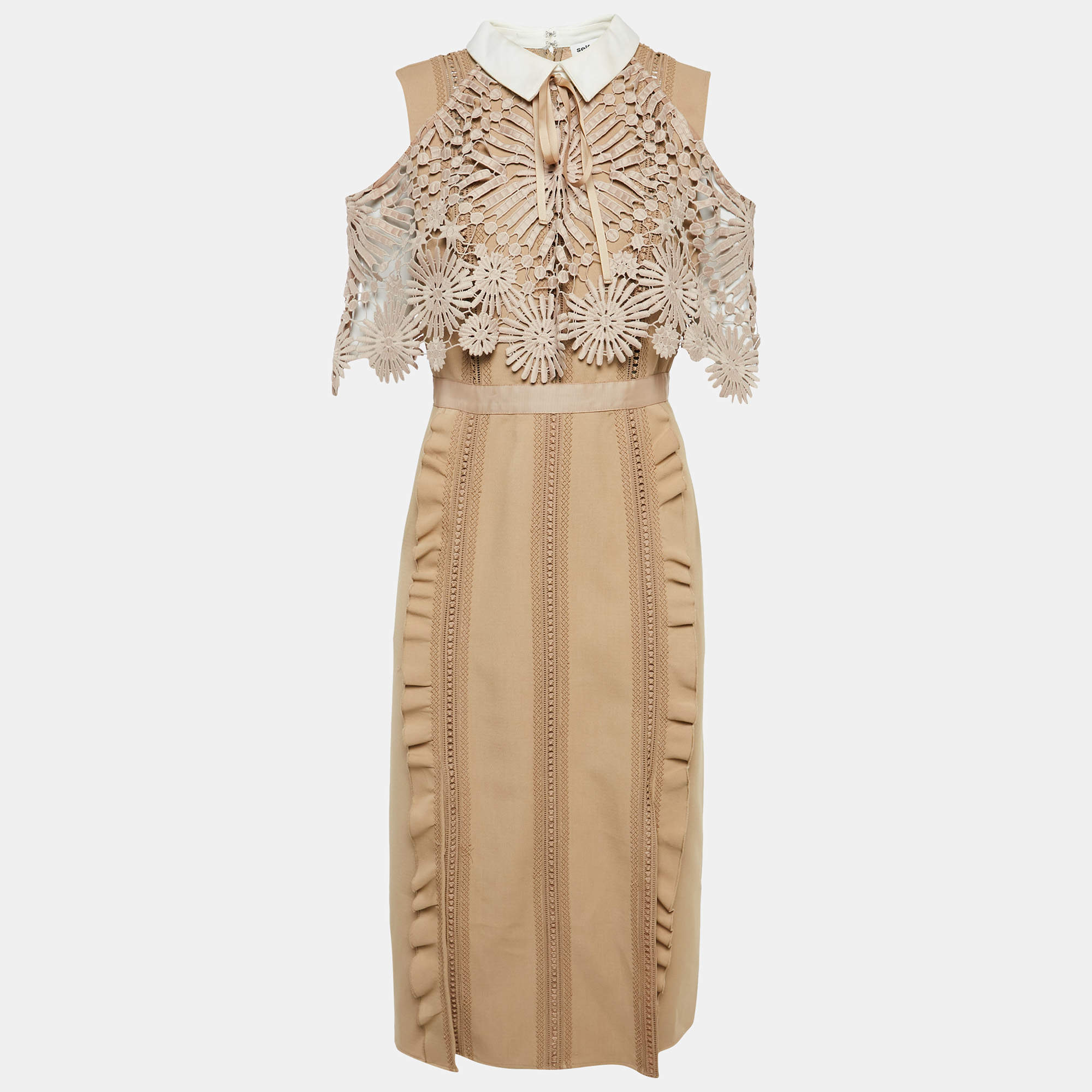 Self-Portrait Beige Crepe and Lace Hinkley Midi Dress L