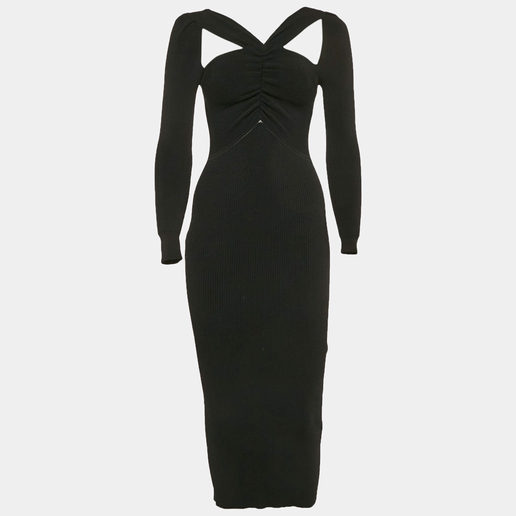 Pre Owned Self-Portrait Black Rib Knit Cut-Out Ruched Midi Dress S