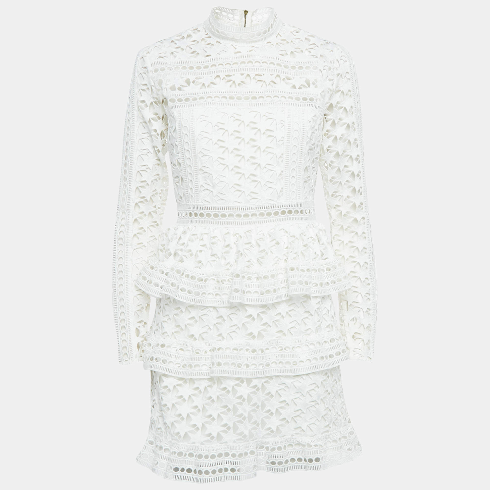 Pre Owned Self-Portrait White Star Guipure Lace High Neck Mini Dress M