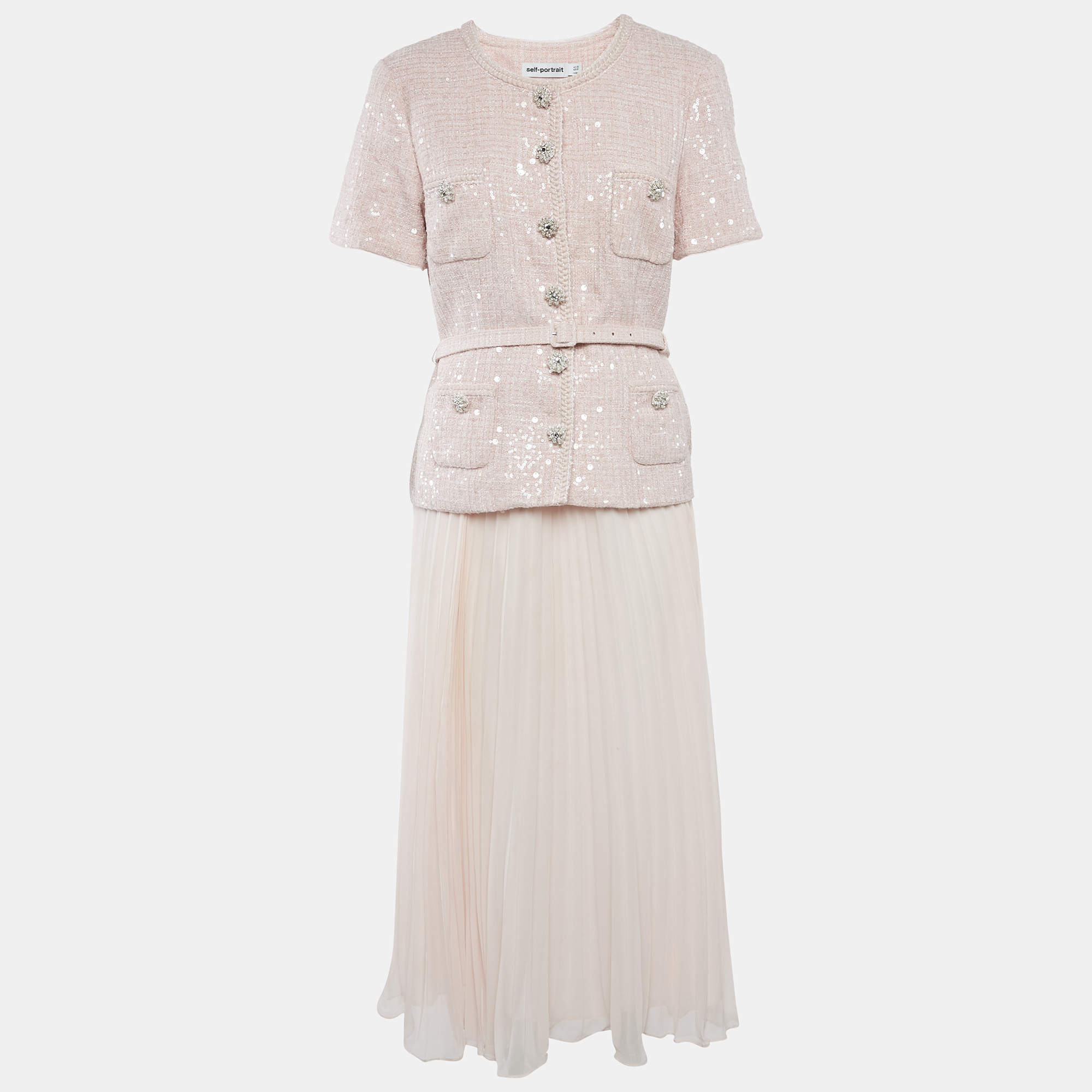 Pre Owned Self-Portrait Pink Boucle and Chiffon Plisse Midi Dress L