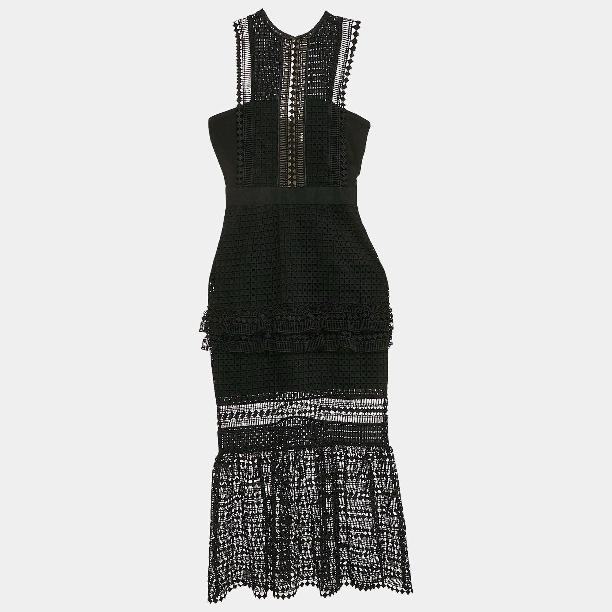 Self-Portrait Black Guipure Lace Tiered Midi Dress XS