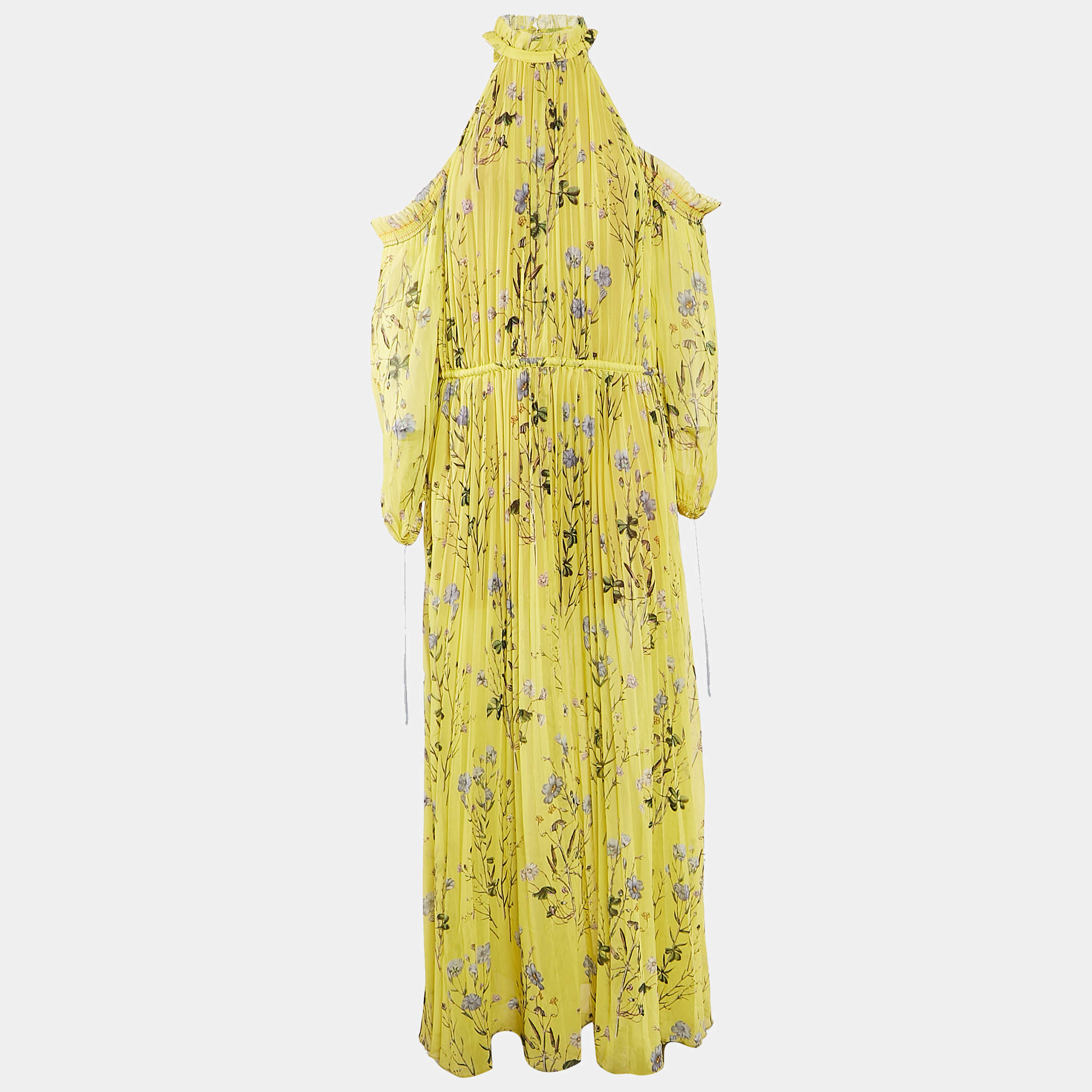 Self-Portrait Yellow Floral Print Chiffon Plisse Cold-Shoulder Maxi Dress S