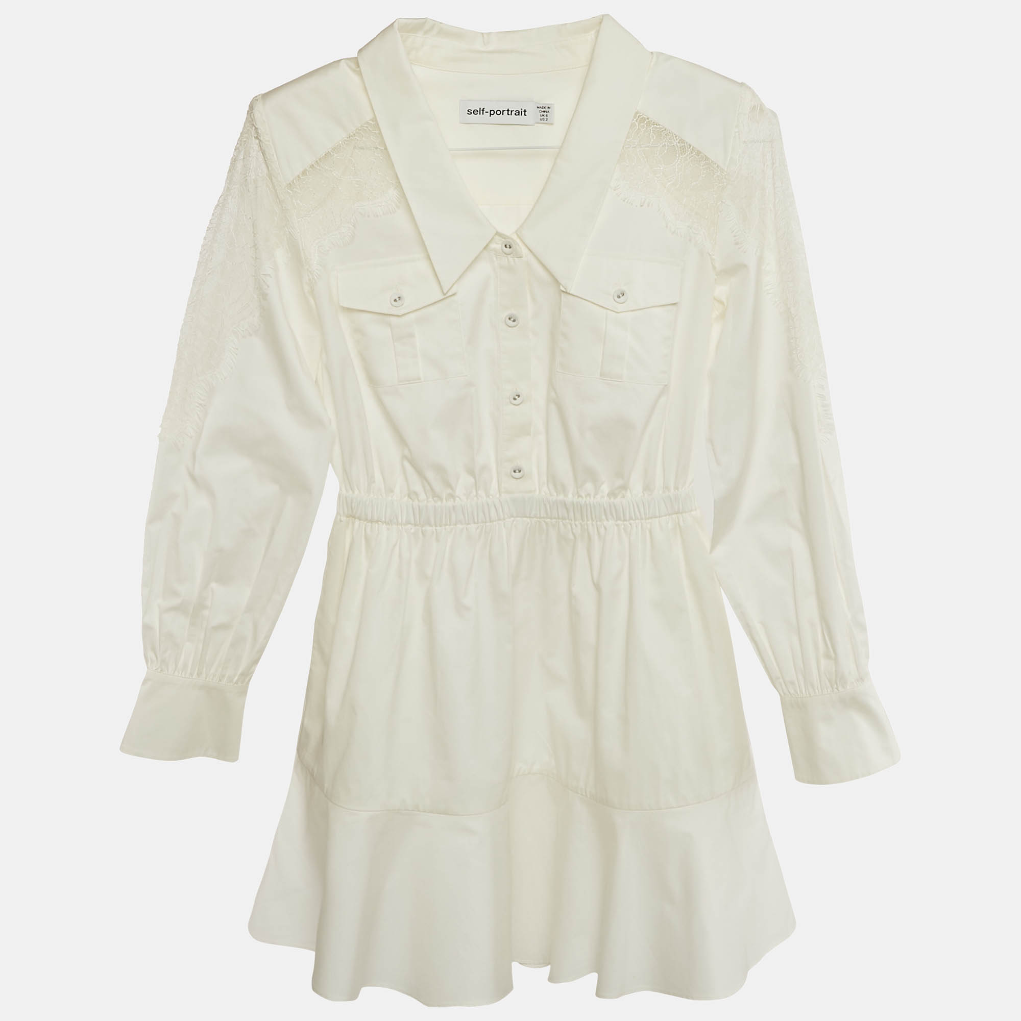 Pre Owned Self-Portrait White Cotton Lace Panel Detail Mini Dress S