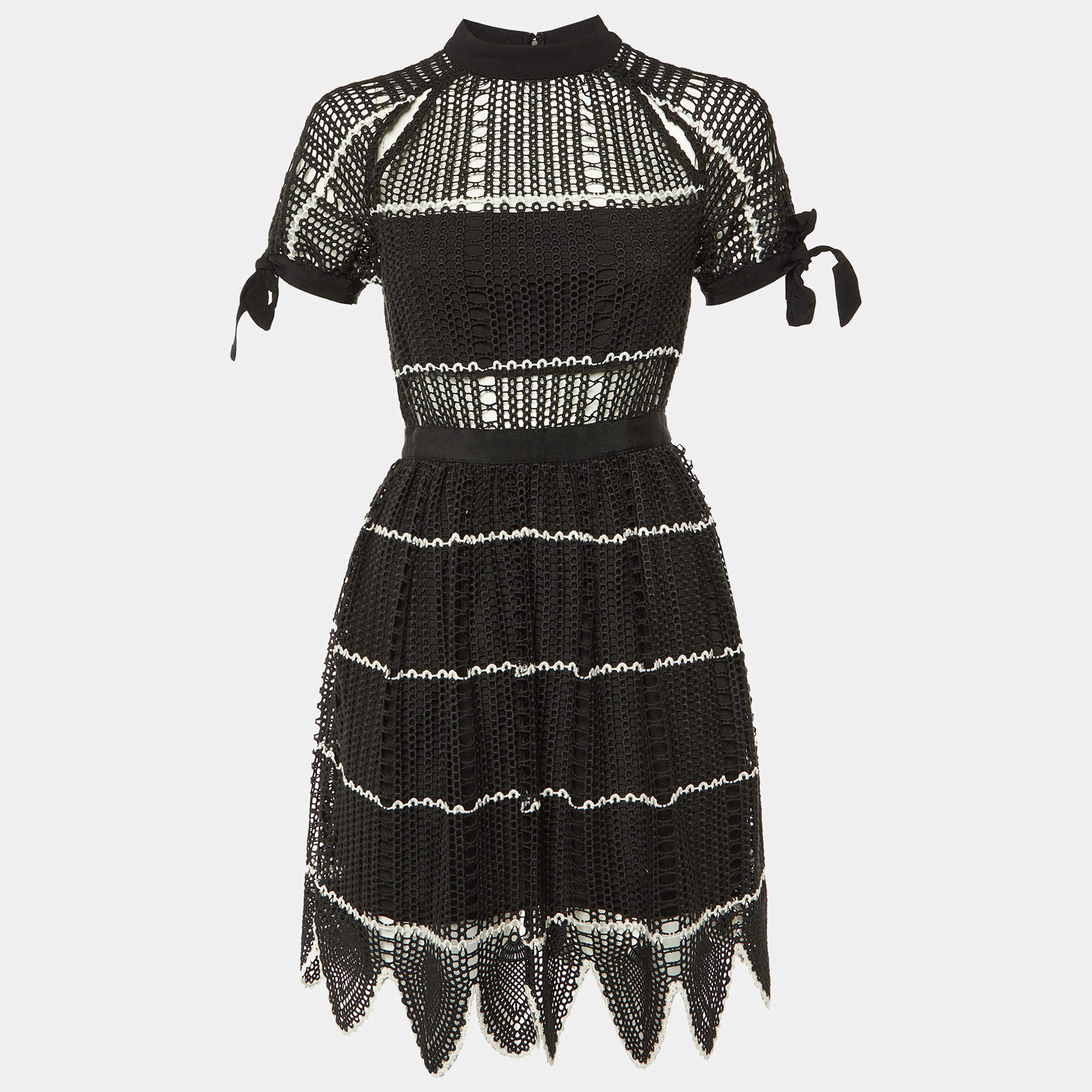 Pre Owned Self-Portrait Black Crochet Lace Scalloped Hem Mini Dress M