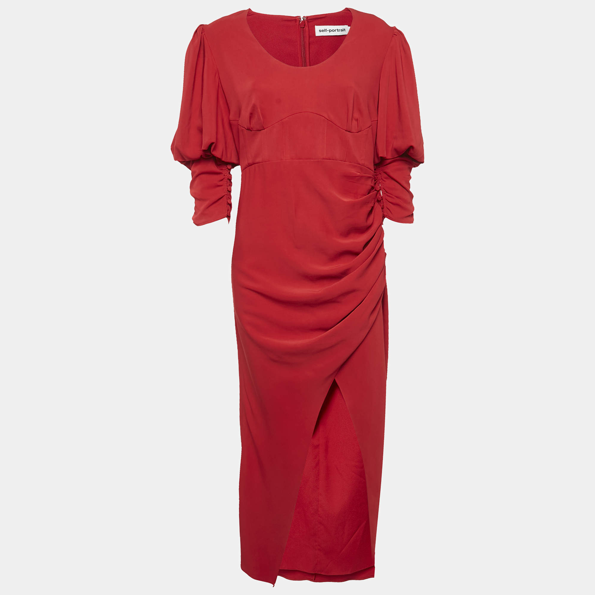 مملوكة مسبقًا فستان طويل سيلف بورتريه كريب أحمر بأكمام منتفخة مجمع مقاس متوسط - ميديوم