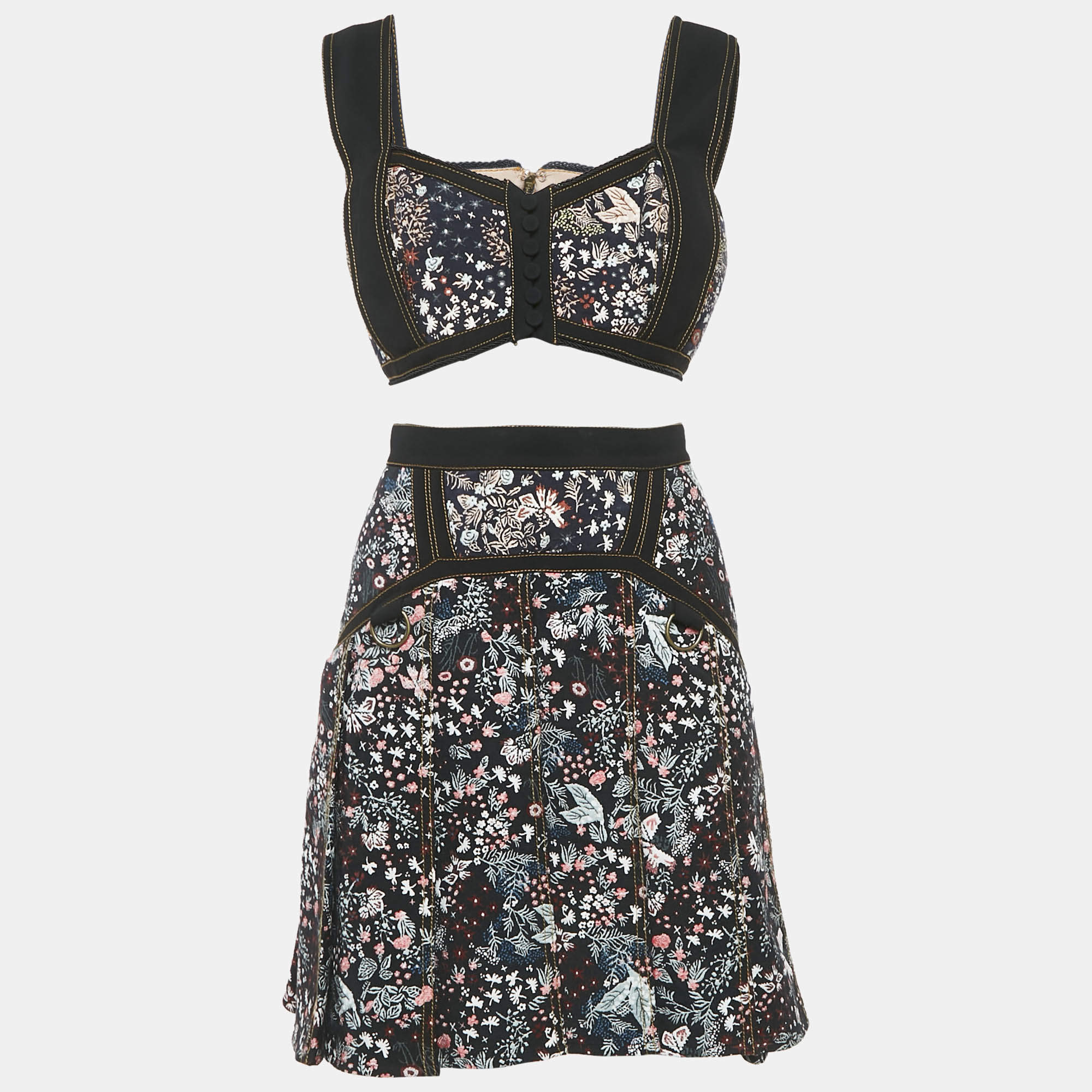 Self-Portrait Black Floral Jacquard Top and Pleated Skirt Set M/S