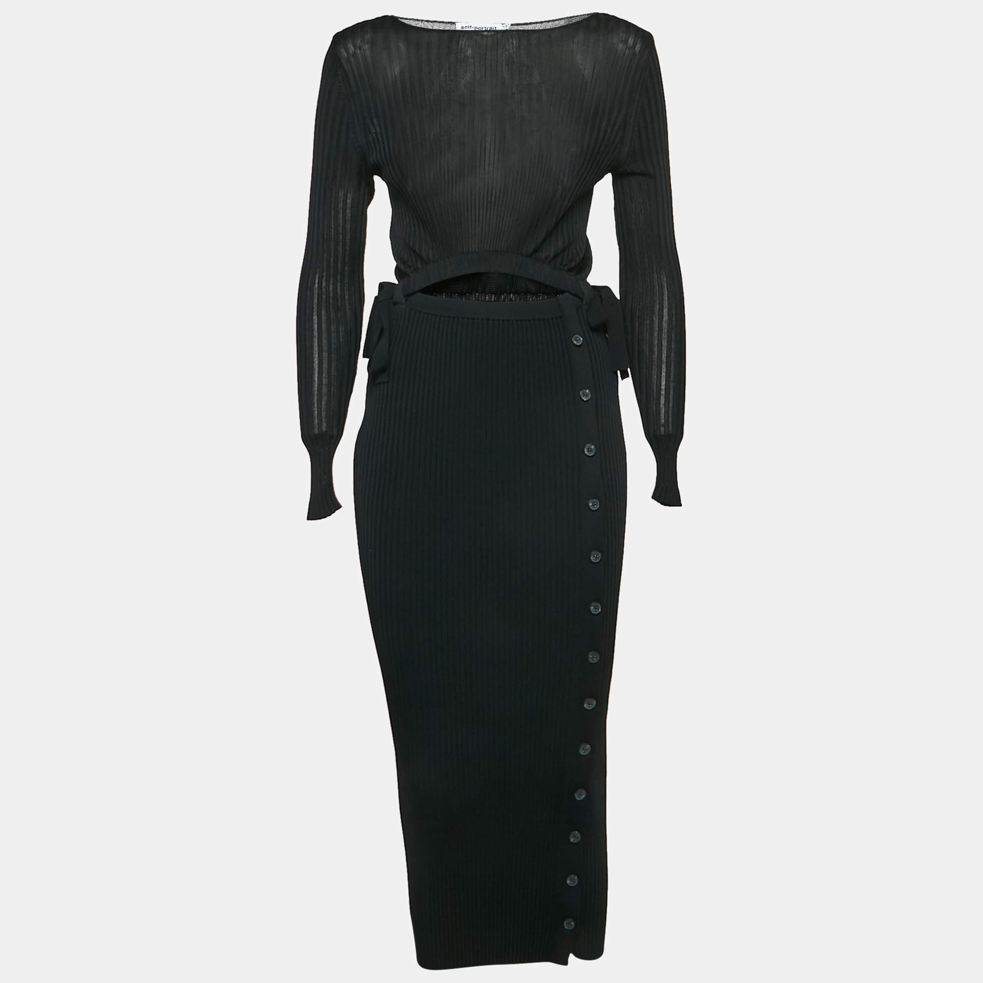 Self-Portrait Black Rib Knit Cut-Out Detail Bodycon Midi Dress S