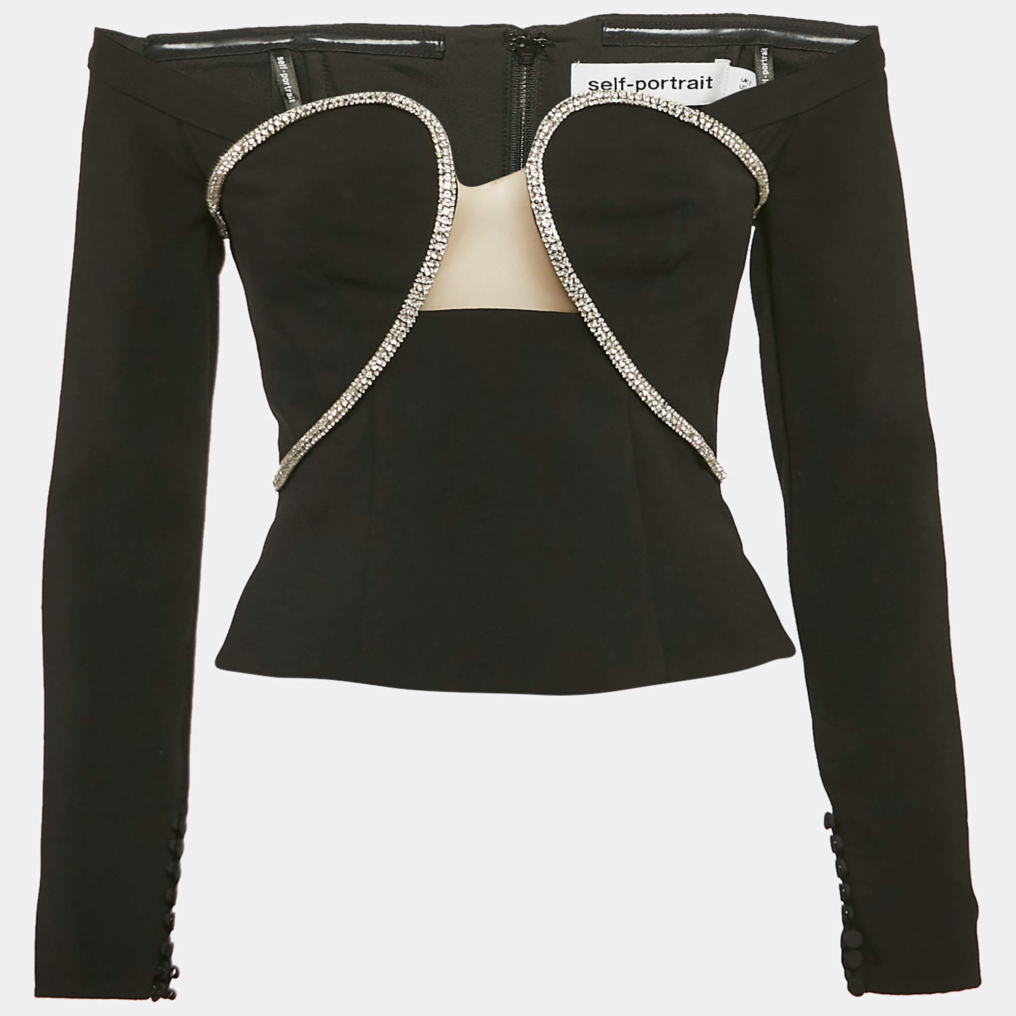 Self-Portrait Black Stud Embellished Crepe Off-Shoulder Top S