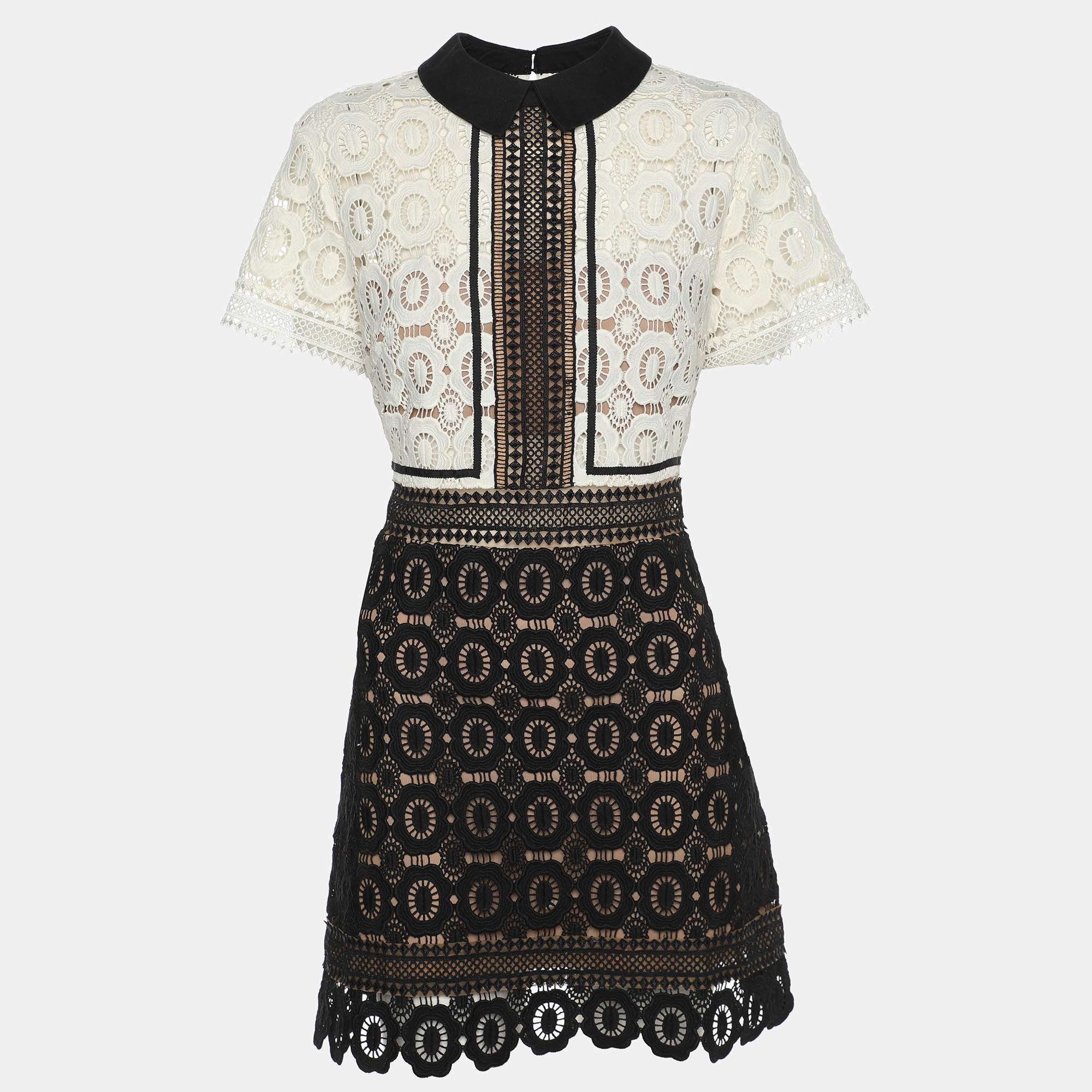 Self-Portrait White/Black Lace Felicia Collared Mini Dress M