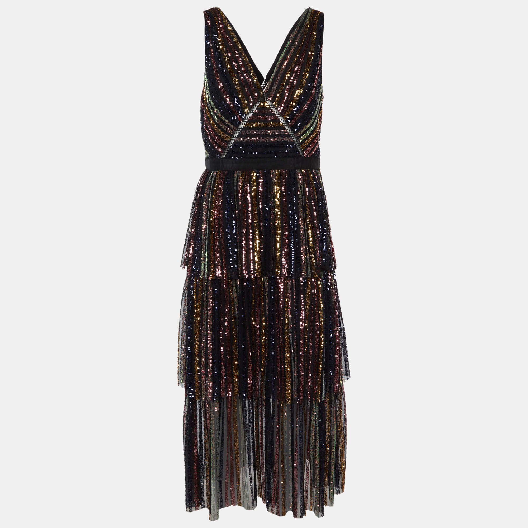 Pre Owned Self-Portrait Black Striped Sequin Tulle Tiered Midi Dress M